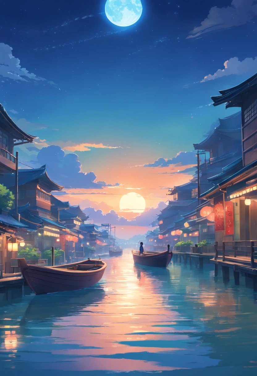 Vast night,the beautiful skyline,Large expanses of ocean,Intense and dramatic imagery,the moving visual effects,High hanging moon,Colorful natural light。A man sits on an ancient lonely boat,Cyan Kong Ming lanterns floating in the sky。