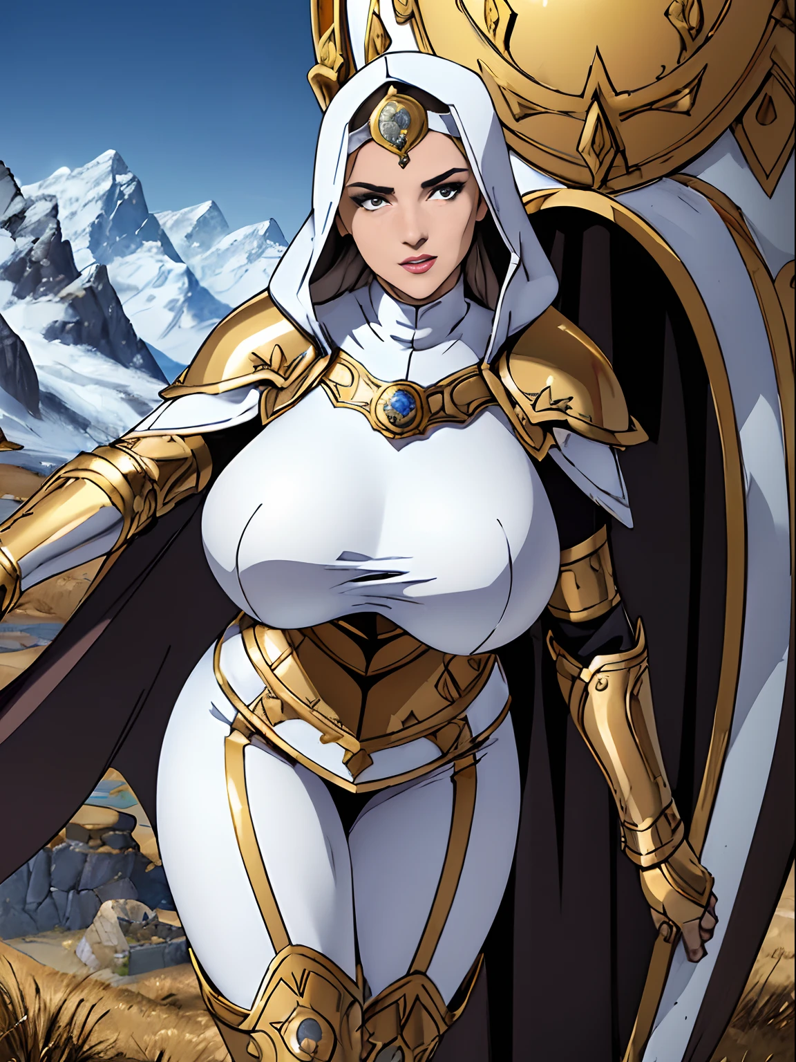 (masterpiece, top quality, best quality, official art, beautiful and aesthetic:1.2), (1girl:1.3), light freckles, fair skin, extremely detailed, portrait, looking at viewer, solo, (full body:0.6), detailed background, close up, (warm grasslands theme:1.1), holy paladin knight, charlatan, smirk, mysterious, swaying in mountains, modest attire, ((((ornate white and gold armor)))), cowl, nun hood, wimple, boob armor, cowl, robe, chain mail, chainmail, leggings, chainmail leggings, chain mail leggings, breastplate, tabard, gorget, hood, pauldrons, greaves, armored, long boots, longsword, shield, cape, cloak, pearlescent metal, white fabric, pale leather, ((((gigantic breasts)))), slim waist, slim hips, long legs, medieval (mountain exterior:1.1) background, dark mysterious lighting, shadows, magical atmosphere, dutch angle,
