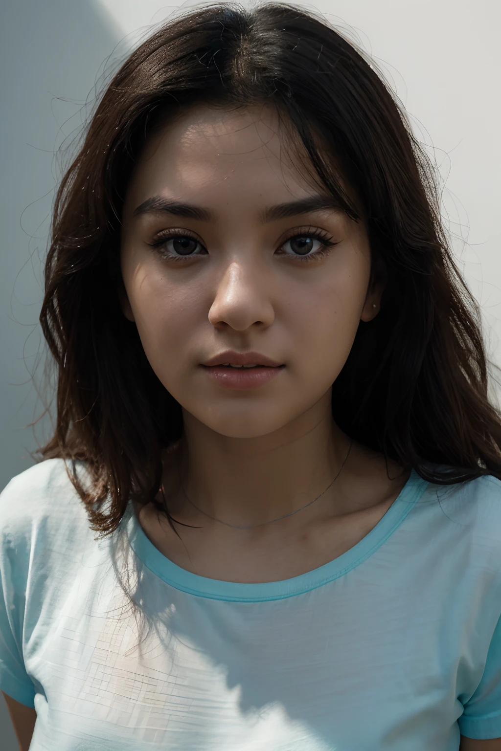 a centre portrait of a 25 year old Eurasian girl with fair skin, small nose, big eyes, and long curly black hair, wearing a plain Tiffany blue tee. White background. Ultra photorealism, 8k, realistic, dramatic lighting, cinematic, HD, ultra-detailed, Disney