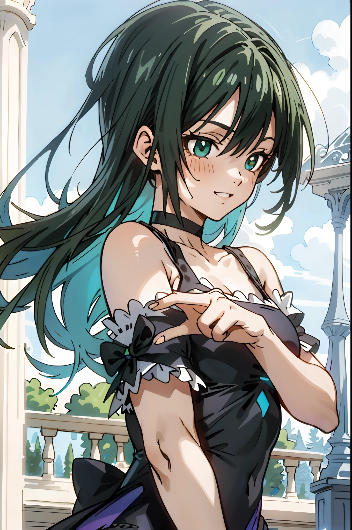 masutepiece, Best Quality, Ultra-detailed, Colorful,Up-close, Hyper-detailing，darkgreen hair, Ultra-realistic hair quality, Vibrant colors, Beautiful long hair, shoulder-length hair, Shiny hair, detailed hairs, Hair Ribbon, Single-sided up, bow ribbon, Rin Itokoshi, Blue Lock, no sleeves, Sleeveless, Open shoulders, Cinderella, Panniers and Cinderella, Cinderella Dresses, Lace dress, long-one-piece dress, White tights and leggings, leggins, Lace Tights, Bare legged, Sandals, Brown sandals, gladiator sandals, Chest exposure, Lace underwear, Metamorphosis is exposed, Choker, Black Choker, complete fingers, Five Fingers, Two arms, Two hands, Sexy breasts, Scar, Big breasts, red blush, 1girl in, Solo, Sharp face, Sharp eyes, Heterochromia, Green eyes, Purple eyes, Bare neck, rays of sunshine, Brave Sky, shining sky, Village of turlmenista, Wave and smile