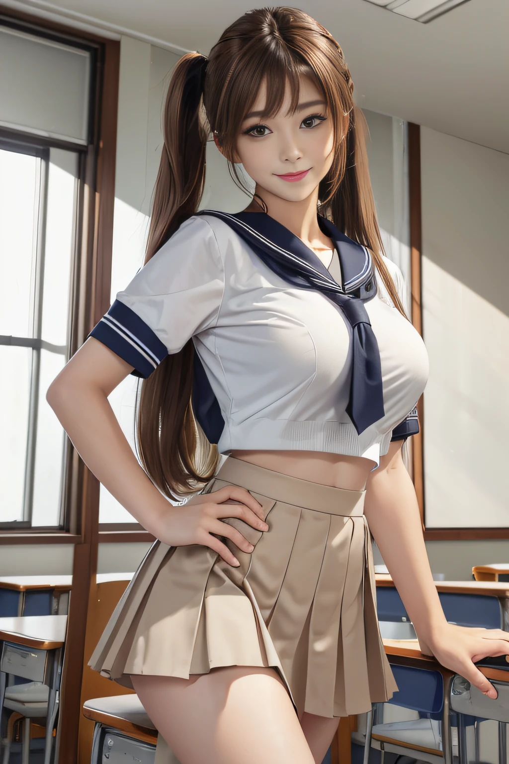 (masuter piece:1.3)、(8K、Photorealsitic、Raw photography、top-quality: 1.4)、(1girl in)、Beautiful expression、(Lifelike face)、(light chestnut hair、short-cut: 1.5)、Twin tail、Realistic eyes、Beautiful details、(real looking skin)、Beautiful skins、absurderes、enticing、超A high resolution、Ultra-realistic realism、high detal、the golden ratio、(Beautiful woman with accentuated slim abs:0.4)、(Casual Hair、Colossal tits)、Soft breasts、((cheely smile))、Exposed cleavage、Exposed legs、(standing in a classroom)、(Girl in front of school uniform、The skirt of the uniform is rolled up.、a sailor suit: 0.6)、(Thin fabric underwear、Fluttering chest、Flip the skirt: 1.8)、(Bewitching hips: 0.7)、(Looking back)、(Take a look at our:1.5)、(Looking at the camera)、Twintail hairstyle,A dark-haired、