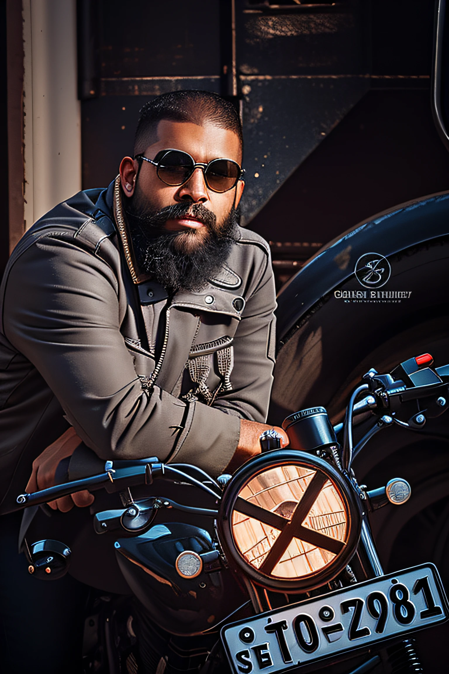 there is a man sitting on a motorcycle with a beard, shot on sony a 7 iii, shot on canon eos r5, shot on canon eos r 5, cinematic shoot, picture of a male biker, sri lankan mad max style, shot on sony a 7, 7 0 mm portrait, biker, shot on nikon z9, epic and classy portrait