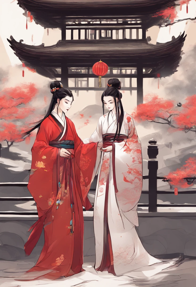 Two newcomers in red Hanfu holding umbrellas on the bridge, Beautiful rendering of the Tang Dynasty, Wearing ancient Chinese clothes, Palace , A girl in Hanfu, Traditional Chinese clothing, ancient chinese beauti, Hanfu, Princesa chinesa antiga, Chinese tradition, ancient china art style, Chinese traditional, with ancient chinese aesthetic, Chinese style, Chinese fantasy, dreamland of chinese