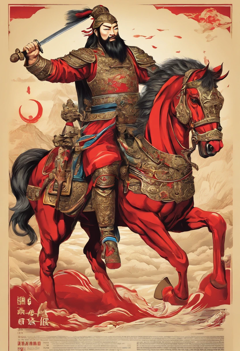 Guan Yu held a large knife,Riding a red war horse war horse