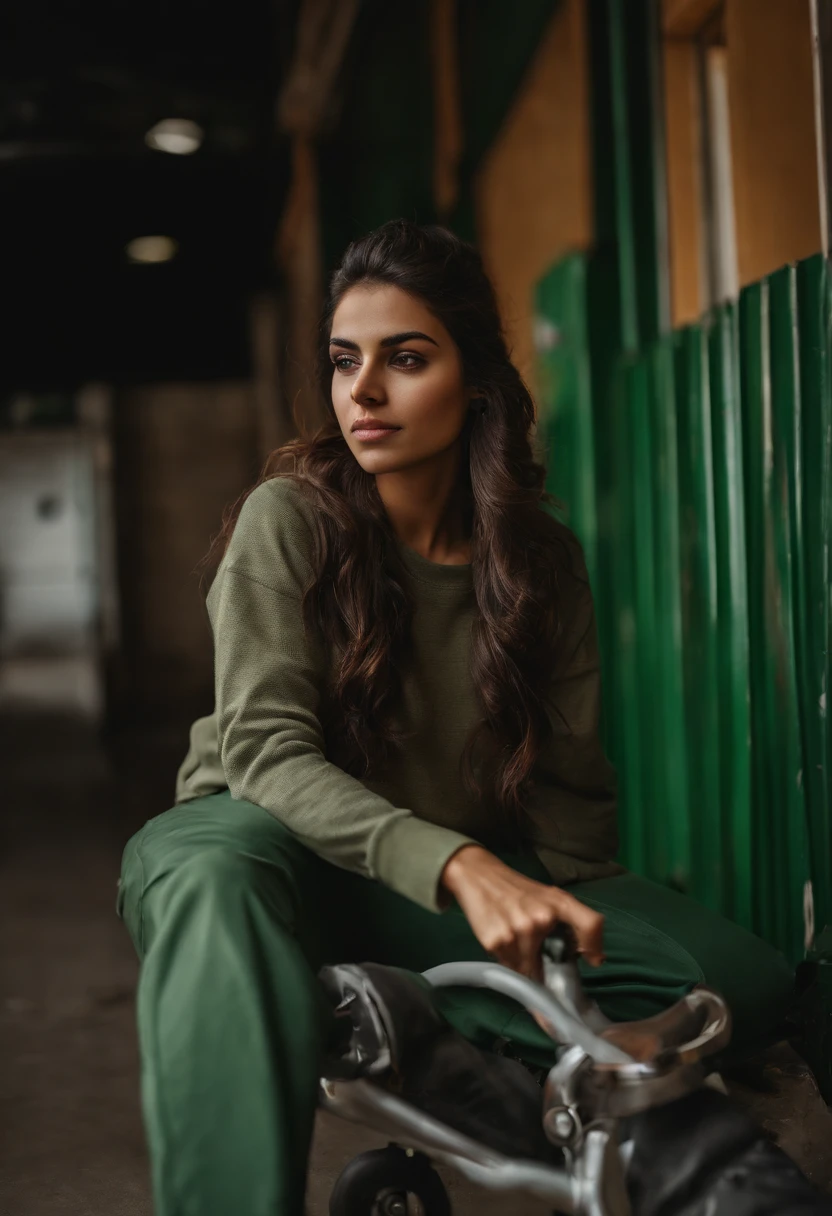A beautiful iranian lady have brown hair in skate salon and wearing a green sweatshirt and matching green pants.
 with her boyfreind in a gray shirt and cream pants
Both of them have inline skates and are competing