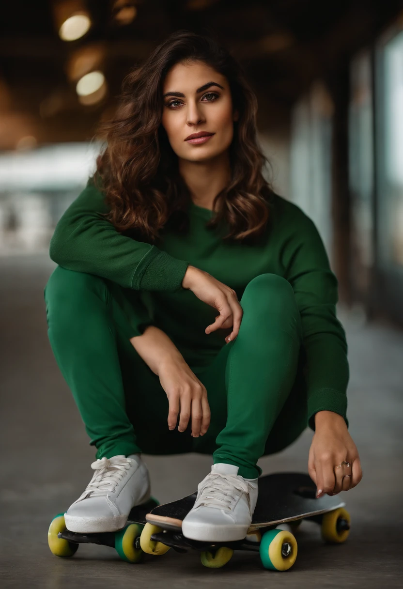 A beautiful iranian lady have brown hair in skate salon and wearing a green sweatshirt and matching green pants.
 with her boyfreind in a gray shirt and cream pants
Both of them have inline skates and are competing