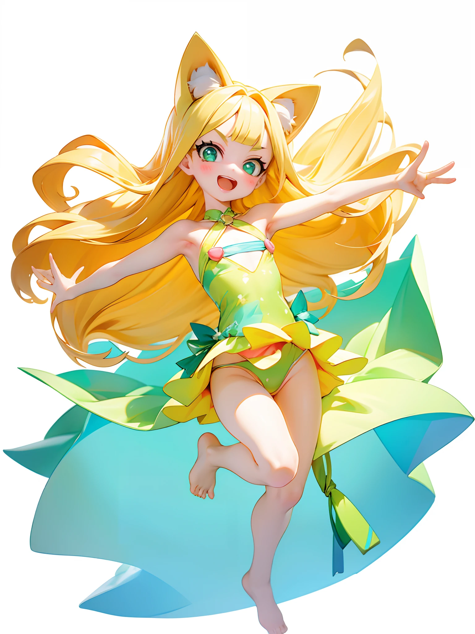 Best quality, masterpiece, highest quality, 1 girl, solo, , 9 yearsmsuit, one piece swimsuit, summer, she must be holding a watermelon, super long hair, platinum blonde hair, flat chest, blush, kawaii, cute, super cute, lovely, jumping, smile, open mouth, perfect face, perfect eyes, green pupils, long lashes, eyes looking to the left, left arm up in the air making peace signature , right arm relaxed, cat ears, cat tail, head tilting to a little bit to right side, energetic