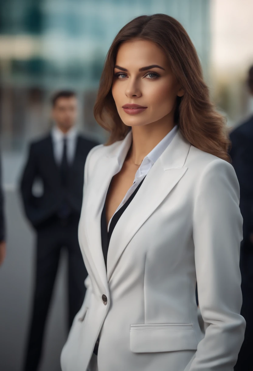 Portrait of businesswoman in suit and tie, Women's empowerment, A woman in a suit stands in front of people,
Sexy and young businesswoman in suit, In an emotionally complex style, A beautiful businesswoman stands in her suit.