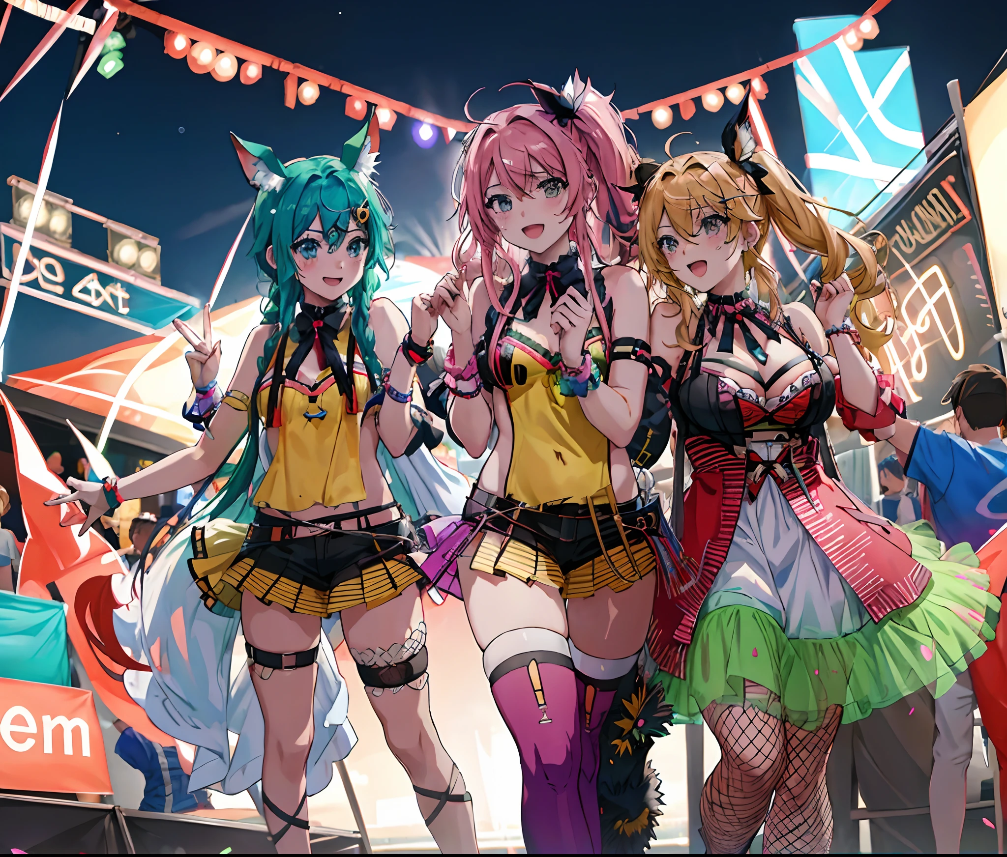 rvst, 3 women, anime style, 8k, night, festival, beautiful, ecstatic expression, colorful,