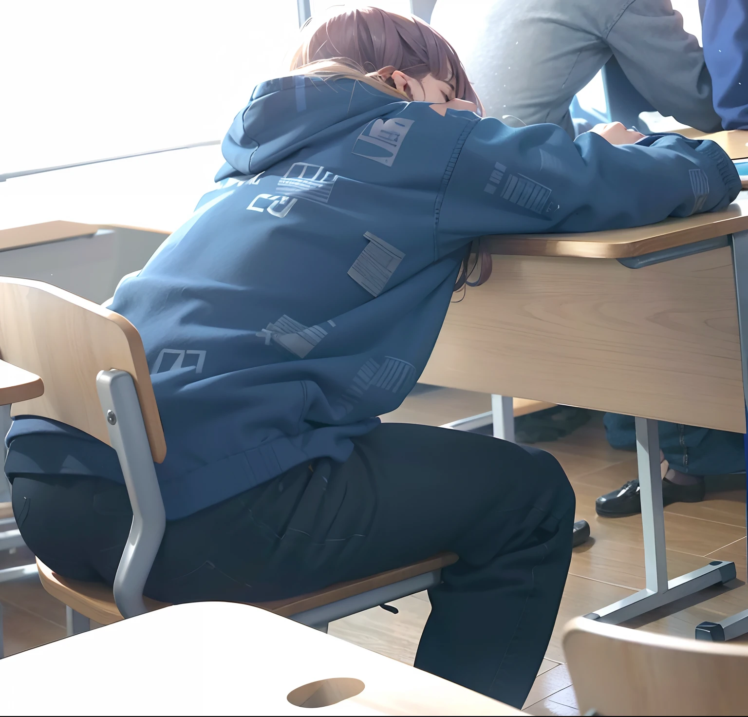 A woman sits at the table, Resting your head on your hands, sitting in the classroom, sat at his desk, standing in class, in the cold position, in class, trying to study, in the school classroom, Perched at Desk, Student, wearing a hoodie, In college, Hunched, in jeans and a black hoodie