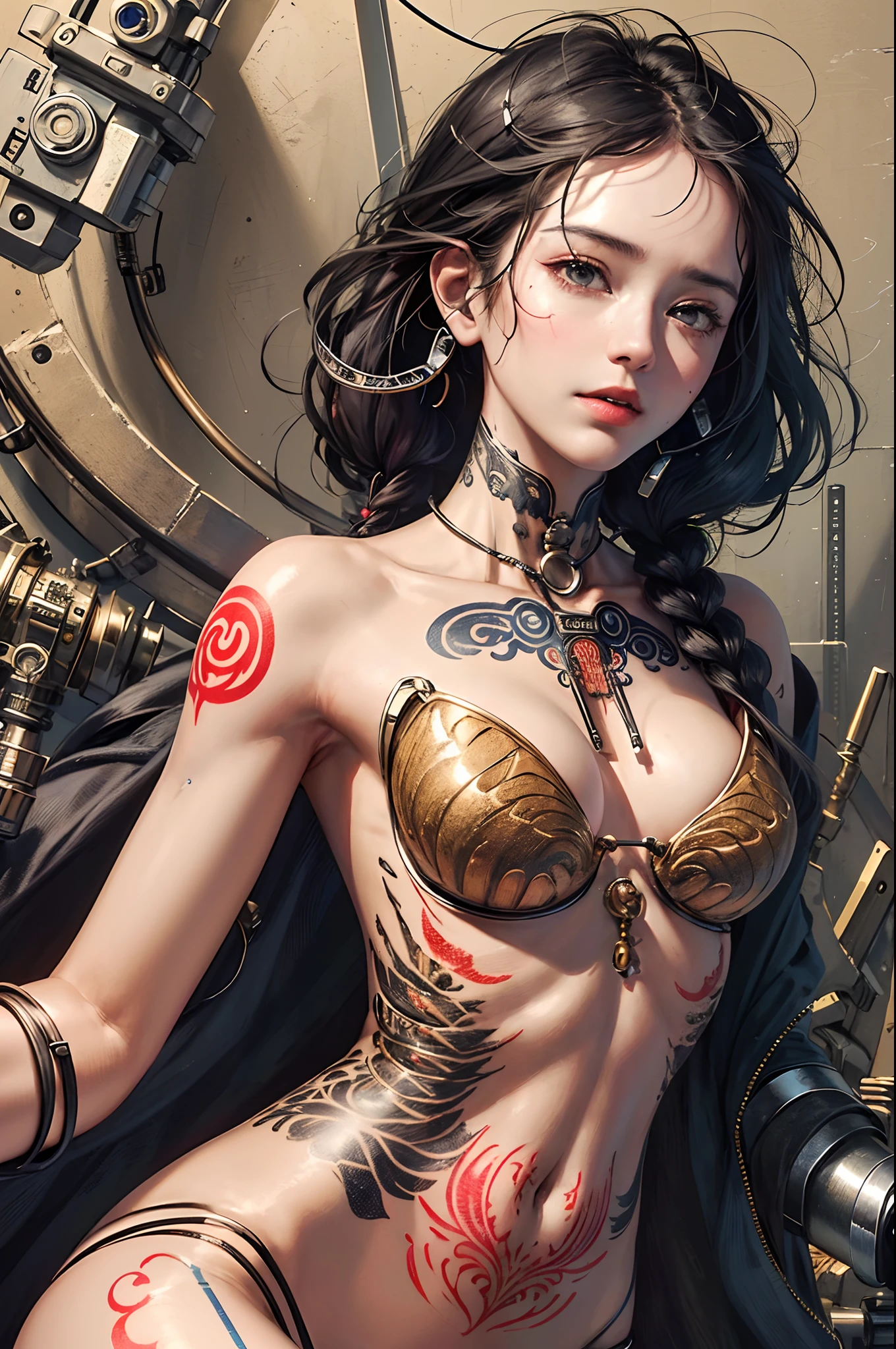 (((masterpiece)))、(((top-quality)))、((ultra-definition))、(High Definition CG Illustration)、((extremely delicate and beautiful))、ciinematic light、((1 Mechanical Girl) )、独奏、(Cowboy Shots: 1.2)、(Mechanical joint: 1.2)、((Mechanical limbs))、(blood vessels connected to tubes)、(Mechanical vertebrae attached to the back)、((Mechanical cervical vertebrae attached to neck) )、deadpan、(Wires and cables attached to the neck:1.2)、(Head wires and cables:1.2)、(charactor focus)、nffsw、ighly detailed、colourfull、best detailed、long、the wind、Background with、(Complex tattoo on the abdomen:1.3)