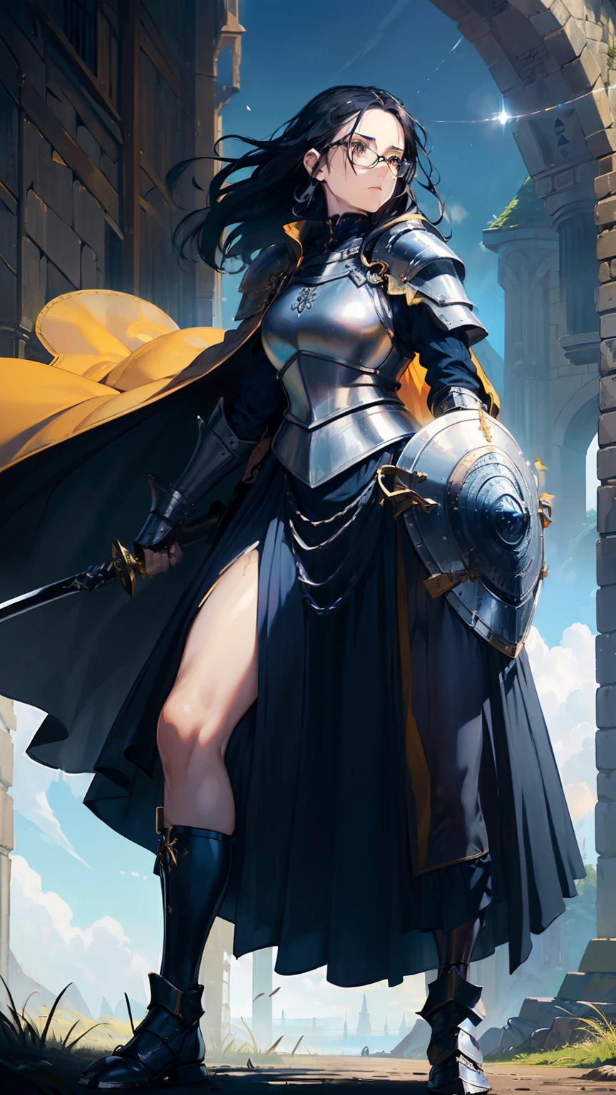 (((((middle woman))))), masterpiece, ultra detailed, 8k portrait, RAW photo, portrait photography, highly detailed face, ((Fantasy)), 1 woman, (((female knight))), spread legs dynamic pose, 33 years old, (((((tall))))), (((small eyes))), glasses, (((straight black long hair))), ((forehead)), (((white skin color))), (((navy blue chain mail armor and see-through extra long skirt))), (((yellow long cloak))) fluttering in the wind, (((iron shoes))), (((equip a long sword and large shield))), (((((masturbation))))), Midday Sun, hyper realistic, Body model, Small breasts, Beautiful breasts, (big butt), (thick thighs), Long legs, in the medieval adventurer's guild, Ambient lighting, Shadow details , Camera focus on face, strong breeze, Light fog