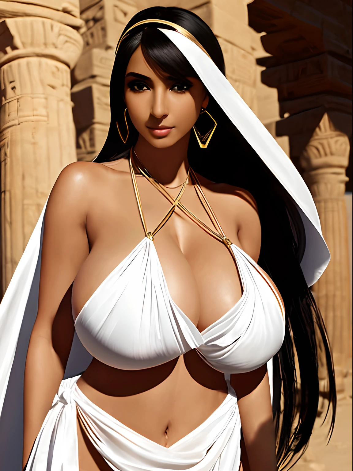 (masterpiece, top quality, best quality, official art, beautiful and aesthetic:1.2), (1girl:1.3), long and straight black hair, tanned skin, extremely detailed, portrait, looking at viewer, solo, (full body:0.6), detailed background, close up, mischievous eyes, (hot summer Egypt theme:1.1), Egyptian duelist woman, heavy Egyptian makeup, winged eyeliner, (very long neck), Persian nose, bold nose, long nose, arched nose, downturned nose, large nose, dark tan skin, charlatan, smirk, mysterious, walking in desert, revealing white and gold and sapphire Egyptian silks, cobra headdress, white short skirts, ((draped halter top), criss cross halter top, criss-cross halter top, criss cross straps, criss-cross straps), jewelry, white fabric, gold jewelry, precious stones, dual sickle swords, ((((gigantic breasts, gigantic boobs, gigantic tits, cleavage)))), slim waist, slim hips, long legs, ancient (Egyptian temple exterior:1.1) background, dark mysterious lighting, shadows, magical atmosphere, dutch angle,