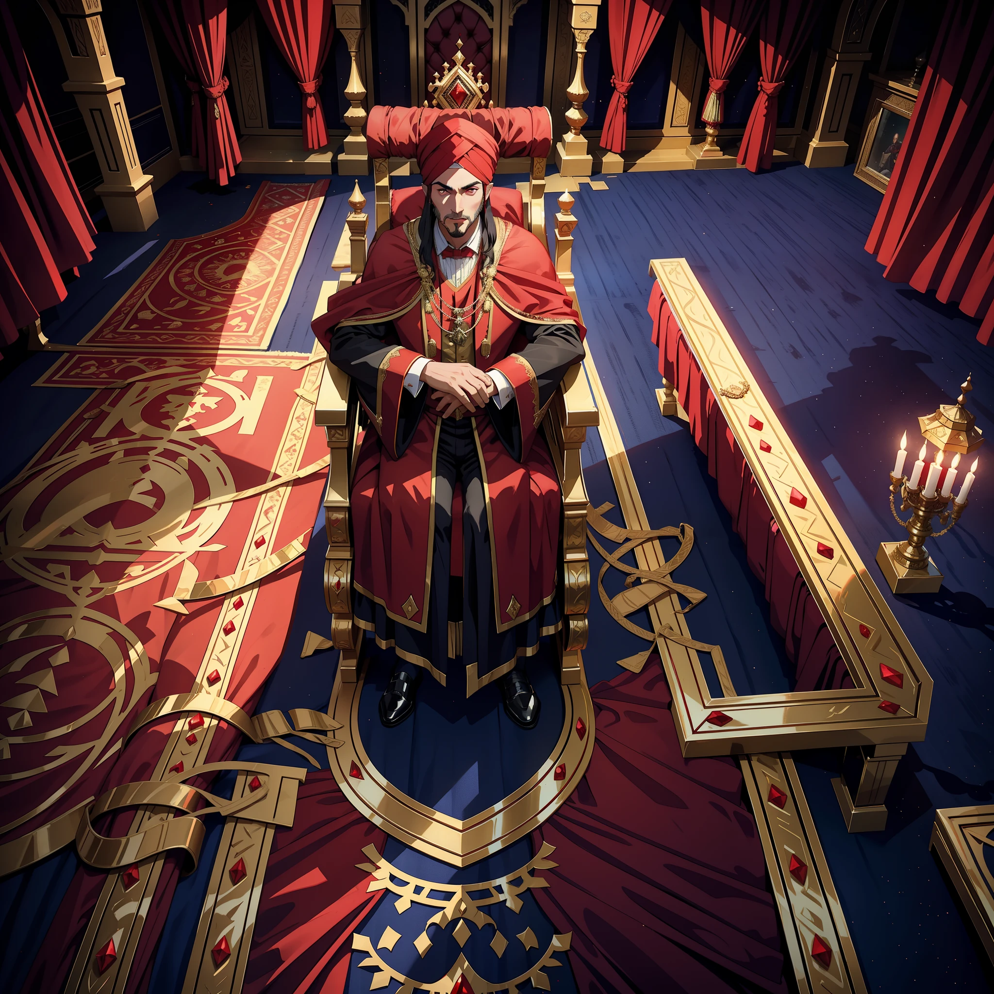 Lord Dracula in these red turbans with Moroccan Islamic attire Super detailed 15 years in the legendary throne room Accompanied by these consultants 3 people in Moroccan dress View of the stage View of the scene from a 3D camera Three-point perspective shooting Bottom view zoom scene