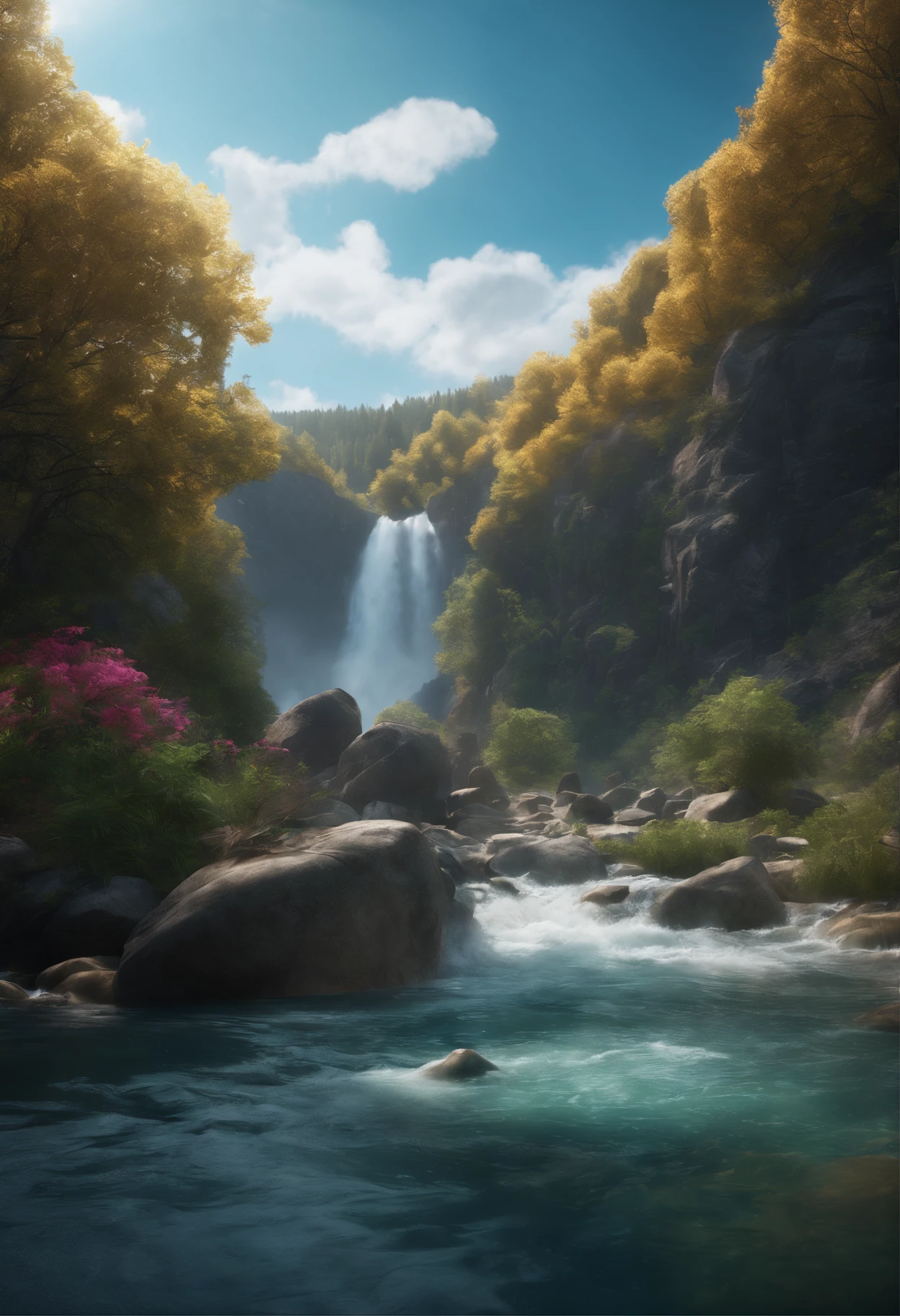 Tatsumaki, one punch man,masterpiece, best quality, high quality, extremely detailed 8k CG unit wallpaper, scenery, Outdoor, sky, cloud, day, water, tree, blue sky, waterfall, cliff, nature, lake, river, cloudy sky, award-winning photography, Bokeh, depth of field, HDR, flower, chromatic aberration, photorealistic, extremely detailed, trend in artstation, trend in CGsociety, intricate, High detail, dramatic, art in the middle of the journey