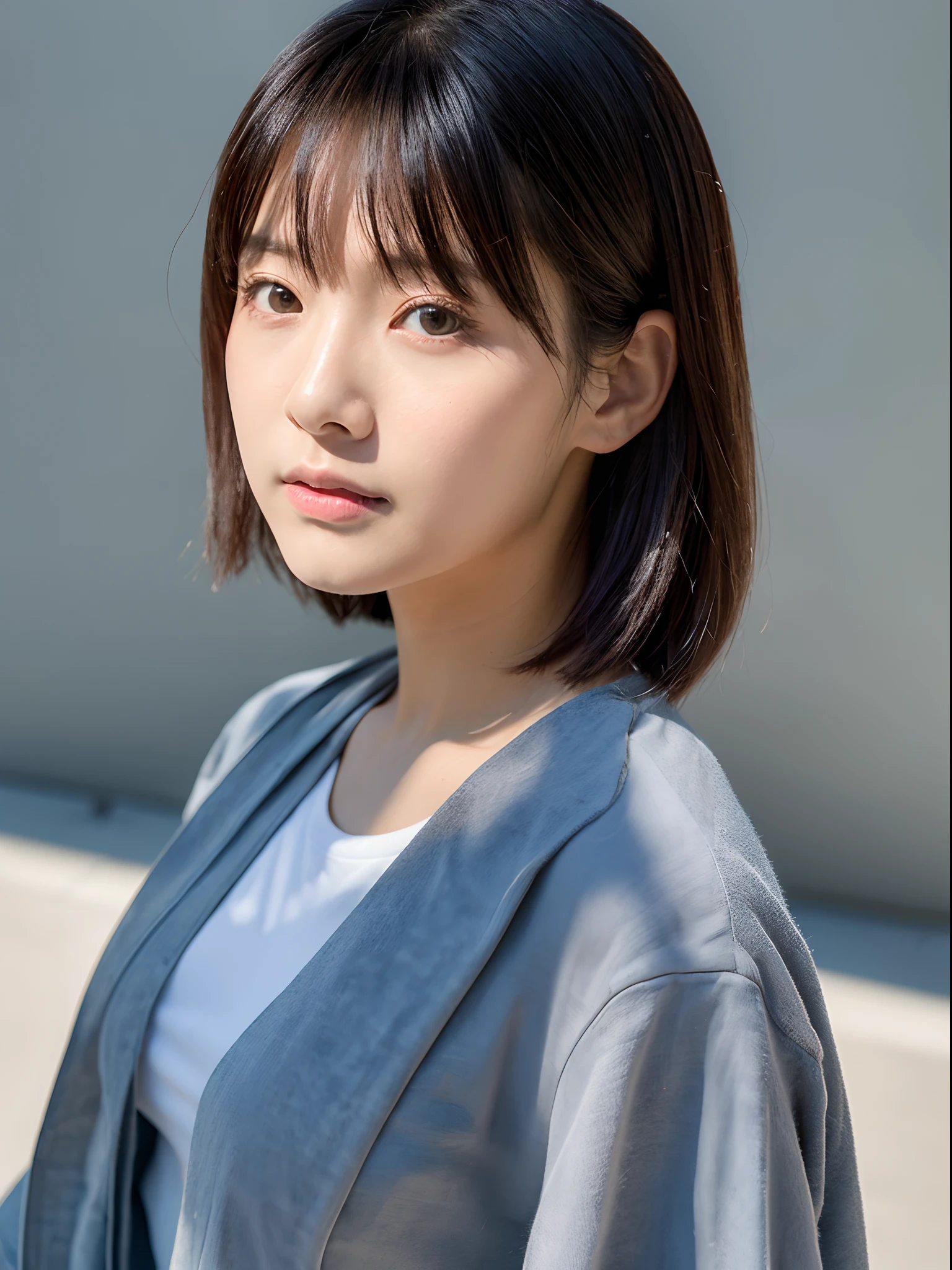 top-quality、超A high resolution、(Photorealsitic:1.4)、女の子1人、(faded ash gray hair:1)、Small breasts、looking at viewert、a closeup、short-hair、A Japanese Lady、Background with、takeout、Natural styling、Looking at the camera、Cute impression、A simply dressed、Less exposure.Bob length、Concrete background、Facing the front、Posing、