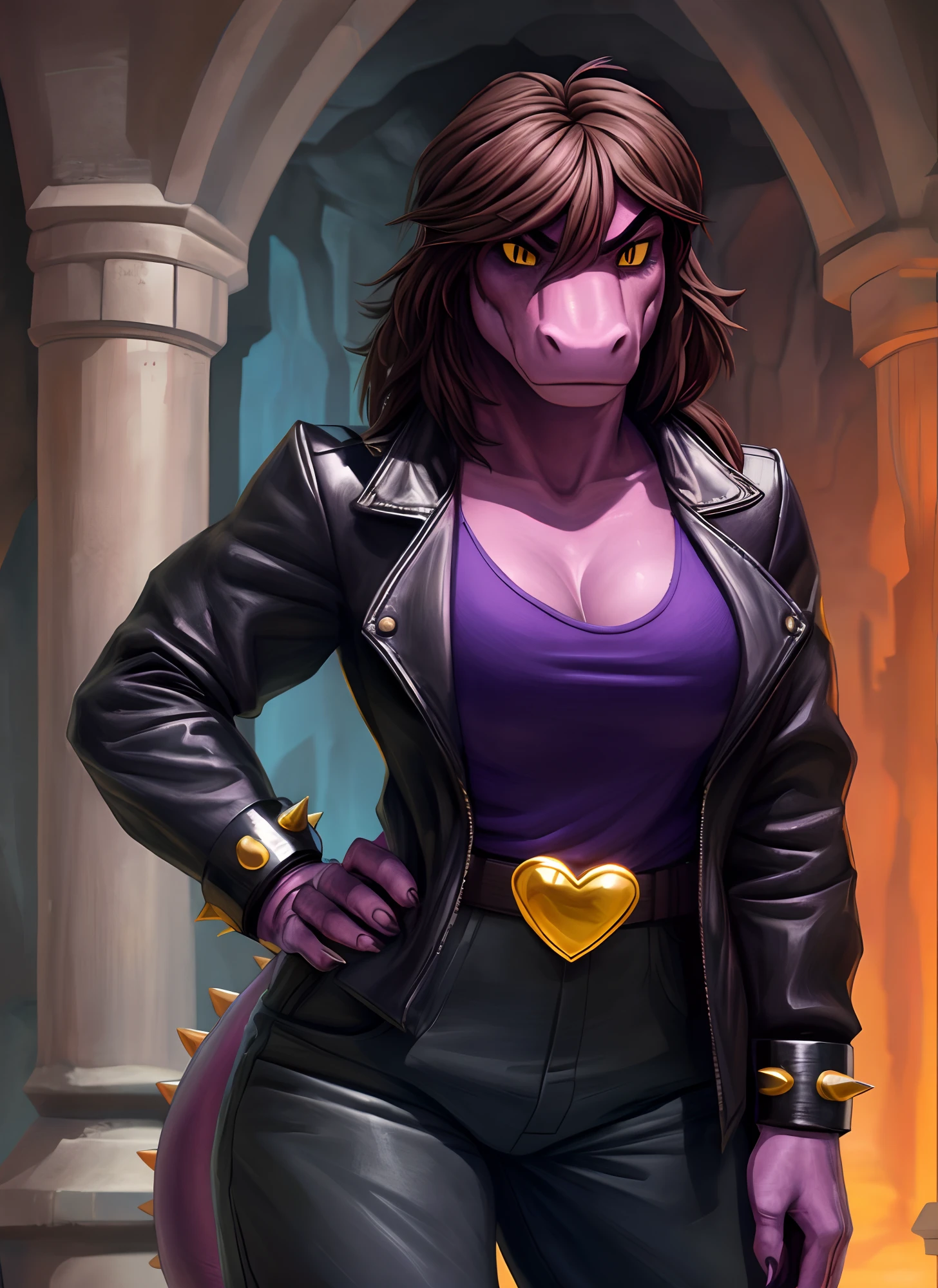 [susie], [Deltarune], [Uploaded to e621.net; (Pixelsketcher), (wamudraws), (woolrool)], ((masterpiece)), ((HD)), ((high quality)), ((solo portrait)), ((front view)), ((scalie; anthro)), ((detailed fur)), ((detailed shading)), ((beautiful render art)), ((intricate details)), {anthro dinosaur; (athletic figure), purple scales, (reptile snout), cute yellow eyes, (black pupils), (bags under eyes), (short eyelashes), (long massy brown hair), long lizard tail, (gorgeous hips), (muscular legs), (angry), (frown)}, {(black leather jacket), (purple shirt), (cleavage), (baggy hot-pink pants), (black boots), (gold heart-shaped belt buckle), (spiky bracers)}, {(standing), (arms at side), (looking at viewer)}, [background; (dark-purple cave), (cavern), (ruins), (ambient lighting)]