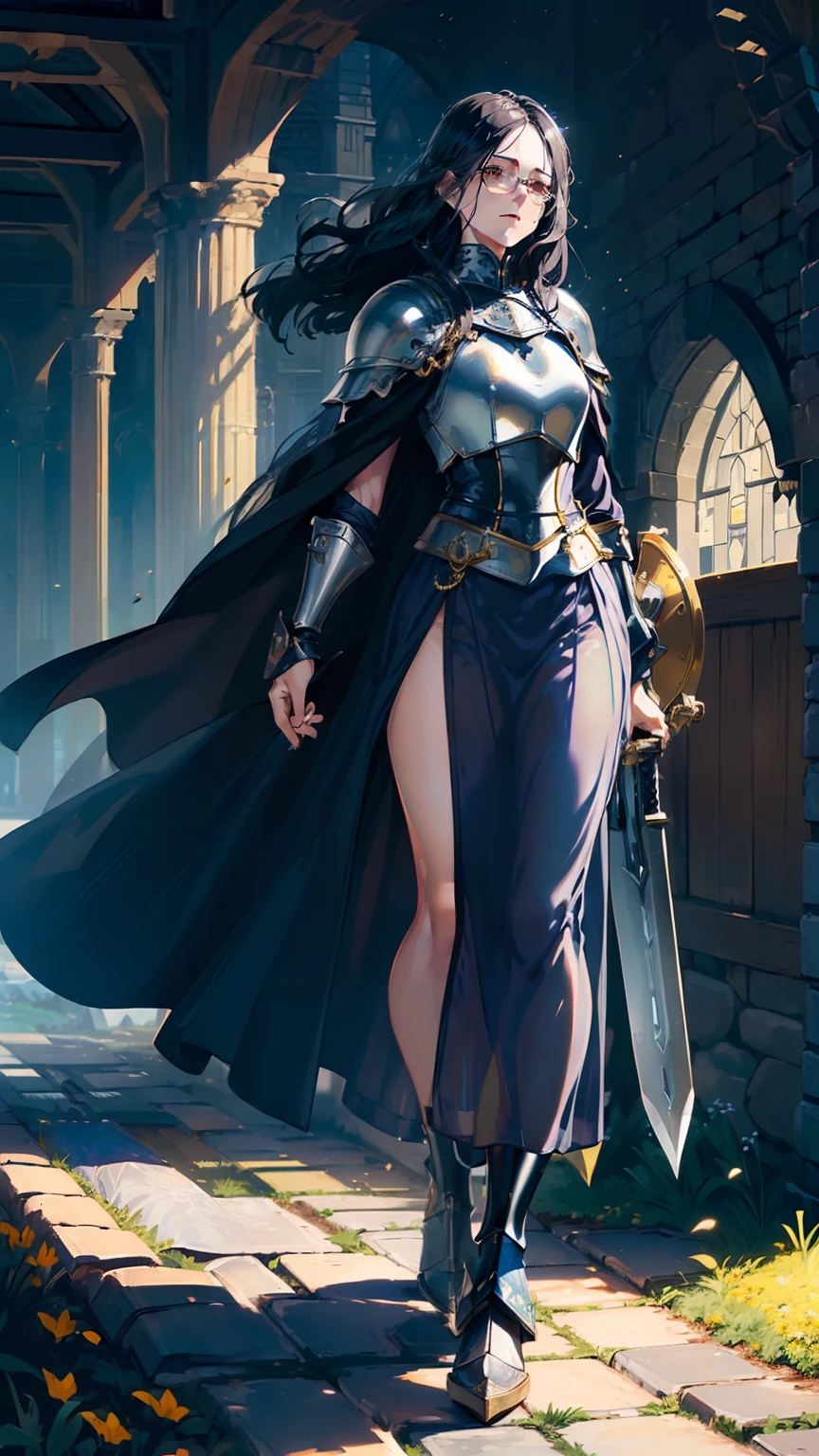 (((((middle age woman))))), masterpiece, ultra detailed, 8k portrait, RAW photo, portrait photography, highly detailed face, ((Fantasy)), 1 woman, (((female knight))), spread legs dynamic pose, 33 years old, (((((tall))))), (((small eyes))), glasses, (((straight black long hair))), ((forehead)), (((white skin color))), (((navy blue chain armor and see-through extra long skirt))), (((yellow long cloak))) fluttering in the wind, (((iron shoes))), (((equip a long sword and large shield))), (((((masturbation))))), Midday Sun, hyper realistic, Body model, Small breasts, Beautiful breasts, (big butt), (thick thighs), Long legs, in the medieval adventurer's guild, Ambient lighting, Shadow details , Camera focus on face, strong breeze, Light fog