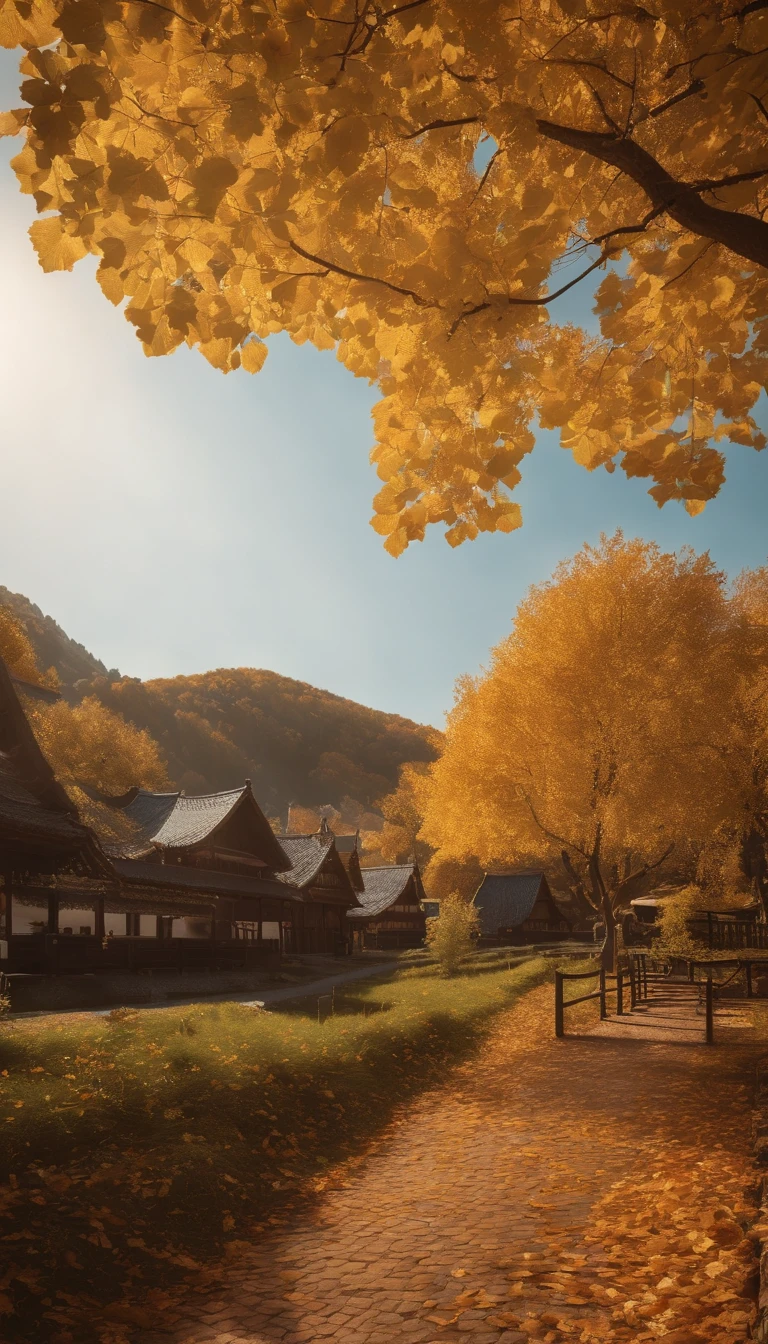 high-level image quality，(8K, hentail realism, RAW photogr, top-quality: 1.4), Ultra-wide angle of view，Beautiful view of autumn，towns，Ginkgo tree，Daytime，Sheer sunlight,Colored leaves，high qulity，super-fine，Hyper-realistic，Ultra photo realsisim，35mm camera lens，ultra - detailed