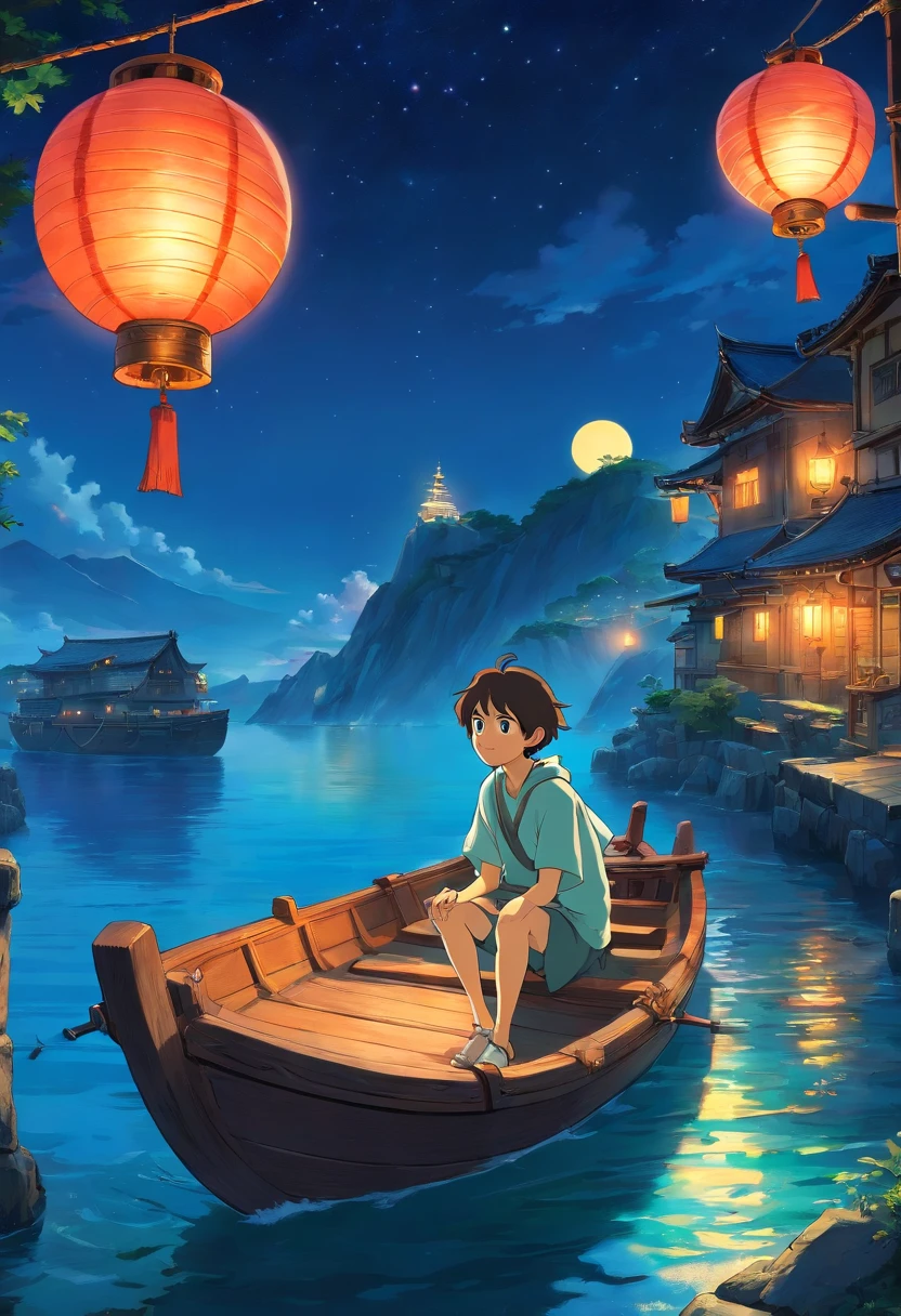Vast night,the beautiful skyline,Large expanses of ocean,Intense and dramatic imagery,the moving visual effects,High hanging moon,Colorful natural light。A young man sits on an ancient lonely boat,Look at the cyan Kong Ming lantern floating in the sky。