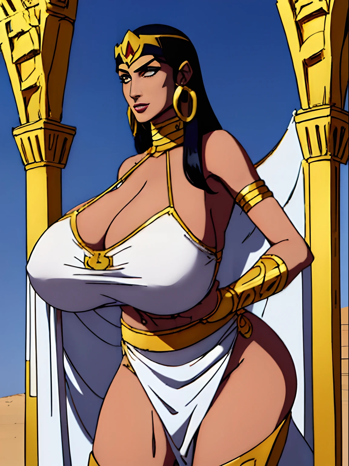 (masterpiece, top quality, best quality, official art, beautiful and aesthetic:1.2), (1girl:1.3), long and straight black hair, tanned skin, extremely detailed, portrait, looking at viewer, solo, (full body:0.6), detailed background, close up, mischievous eyes, (hot summer Egypt theme:1.1), Egyptian priestess, gold Egyptian mask, pharaoh death mask, gold facemask, winged eyeliner, (very long neck), pharaoh nemes, mummy mask, Persian nose, bold nose, long nose, arched nose, downturned nose, large nose, dark tan skin, charlatan, smirk, mysterious, walking in desert, revealing white and gold and sapphire Egyptian silks, cobra headdress, white short skirts, ((draped halter top), criss cross halter top, criss-cross halter top, criss cross straps, criss-cross straps), jewelry, white fabric, gold jewelry, precious stones, dual sickle swords, ((((gigantic breasts, cleavage, skindentation)))), slim waist, slim hips, long legs, ancient (Egyptian temple exterior:1.1) background, dark mysterious lighting, shadows, magical atmosphere, dutch angle,