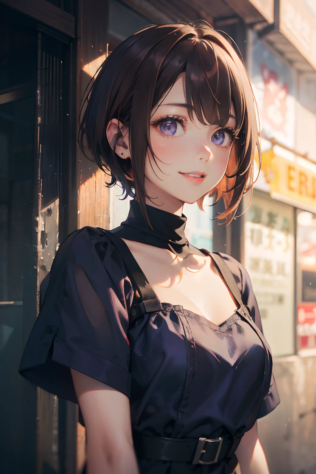 (masterpiece, best quality), 1girl, <lora:higuchi_madoka_theidolmstershinycolors:1> higuchi_madoka_theidolmstershinycolors, short_hair, brown_hair, mole, mole_under_eye, bangs, hair_ornament, hairclip, purple_eyes, blush, breasts
