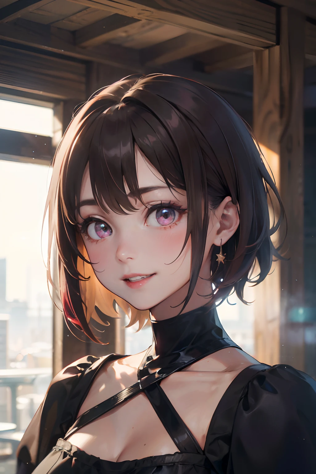 a 20 yo woman、Brown hair、Brown-Red Hair、Bery short hair、Big smile、(hi-top fade:1.3)、dark themed、Muted Tones、Subdued Color、highly contrast、Purple dress、(natural skin textures、Hyper-Realism、Soft light、sharp)