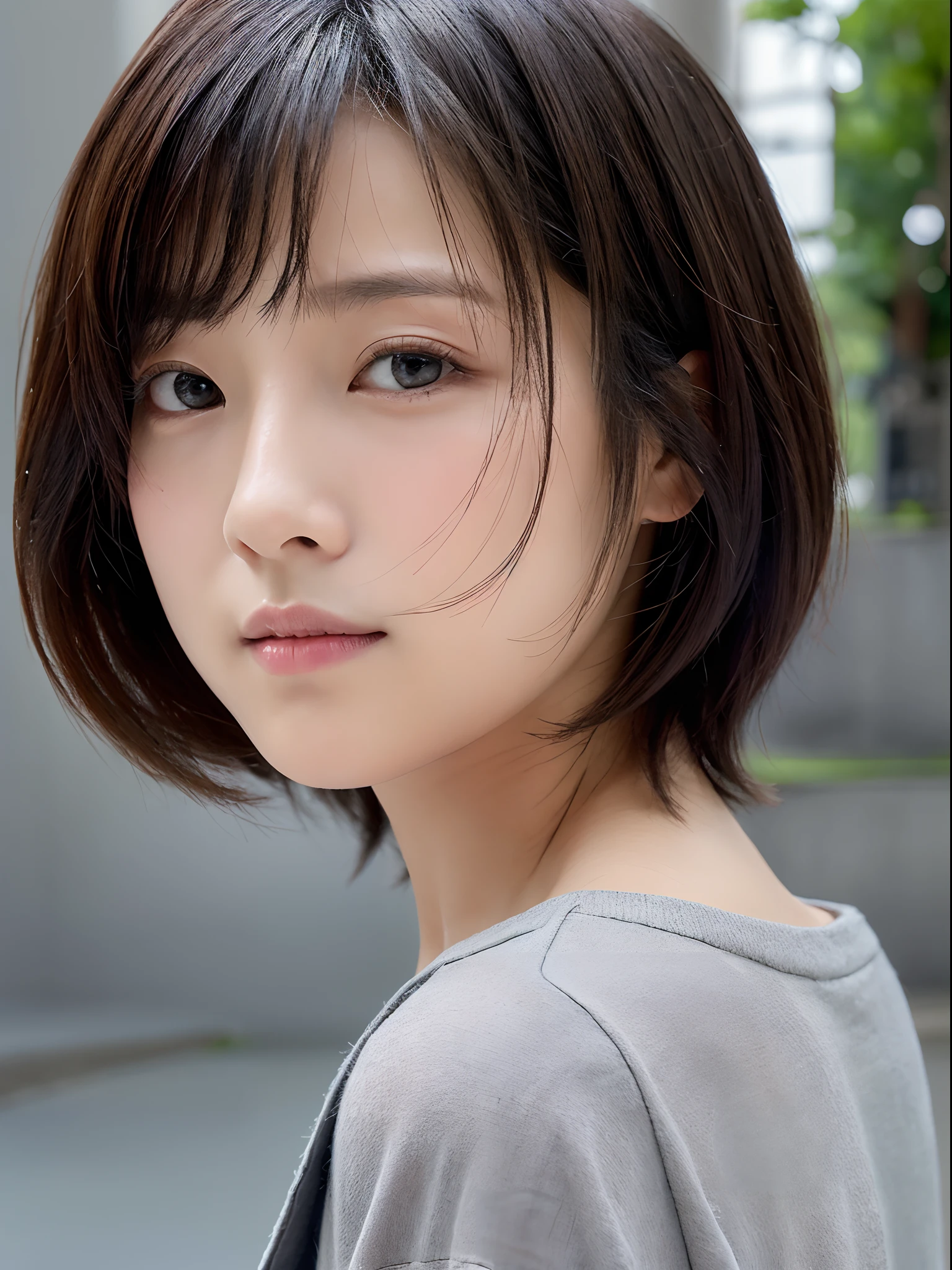 top-quality、超A high resolution、(Photorealsitic:1.4)、女の子1人、(faded ash gray hair:1)、Small breasts、looking at viewert、a closeup、short-hair、A Japanese Lady、Background with、takeout、Natural styling、Looking at the camera、Cute impression、A simply dressed、Less exposure.Bob length、Concrete background、Facing the front、Posing、
