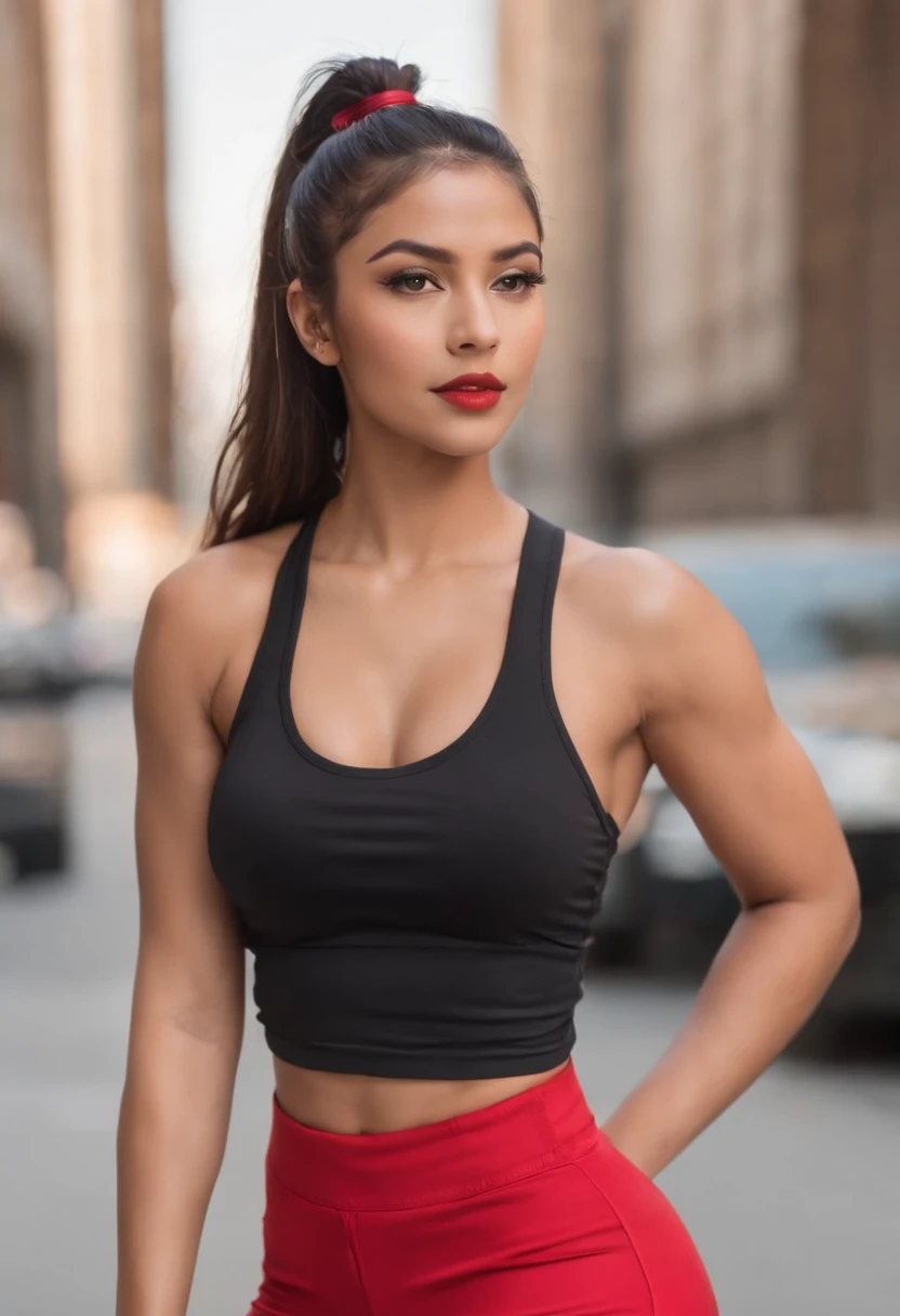 dark-skinned  arabic girl in a black top and red pants, yellow eyes, pony tail, on a Chicago city street, crop shirt and strong abs, full body length shot, red gold and black outfit, converse, fitness model, gorgeous female, athletic fashion photography, full body close-up shot, portrait of modern darna, fit curvy physique, red and gold, by Natasha Tan, profile image, gold and red, araffe woman in a black top and red pants on a Chicago city street, a portrait by Natasha Tan, trending on cg society, arabesque, crop shirt and strong abs, full body length shot, red gold and black outfit, fitness model, gorgeous female, full body close-up shot, athletic fashion photography, portrait of modern darna, fit curvy physique, female genie, female djinni, masterpiece