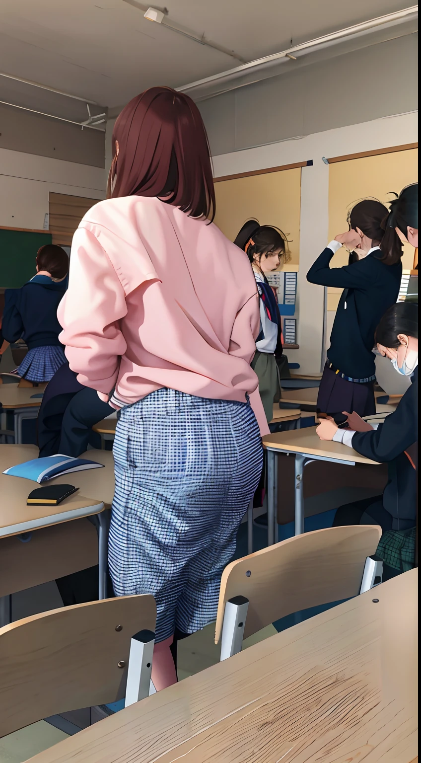 Students in classroom with desks and chairs and teacher, standing in class, in class, in the school classroom, sitting in the classroom, tilt, school classroom, Wearing trousers, wearing skirt, tall female emo art student, As a strict schoolteacher ), Knees tightened, Standing with your back to us, wearing skirt, wear only trousers