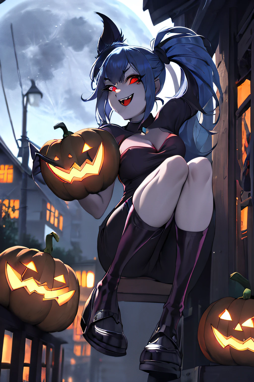 (vampire, canine, from below, blue hair, housing estate, outdoor, night, teeth, happy face, red glowing eyes, smiling eyes, halloween, pumpkin, natta, Light Lamp, road, Street, full moon, bat:1.4), mlpsonata, ponytail, jewelry, bracelet, (Best Quality,4k,8K,high resolucion,Masterpiece:1.2), Ultra-detailed,realisitic:1.37,Vivid colors,studio lit, black outline, thick outlines, Huge hair, Abundant hair, Tilt Head, ldisheveled hair, Messy hair, thin body, Thin leg