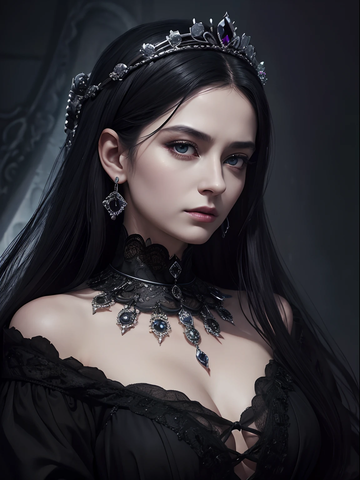 Black tones、Hell、purgatory、Mozart's Requiem、Mystical、horor、gotik、darkness、karo、badas、epidemic、ruler、Pitch Black Darkness、hopelessness、lamentation、oppression、nothingness、intense cold、Black Ghost、Adult female mature woman in her 40s、Queen of the Dead、Persephone、lilith、hades、awe、immortal、draconian、Awe-inspiring Hall々、Proud、noble、dignity、solemnity、Bewitching、hatred、obsession、jewely、ruthless、greed、3-point live method、Oil Painting、Best Quality、hight resolution、foco nítido、Portrait of Queen D,Highly detailed footage of the Queen of the Dead,Stunning portrait of the Queen of the Exparted,Portrait of the Queen of the Dead,Full body close-up of the Queen of the Dead