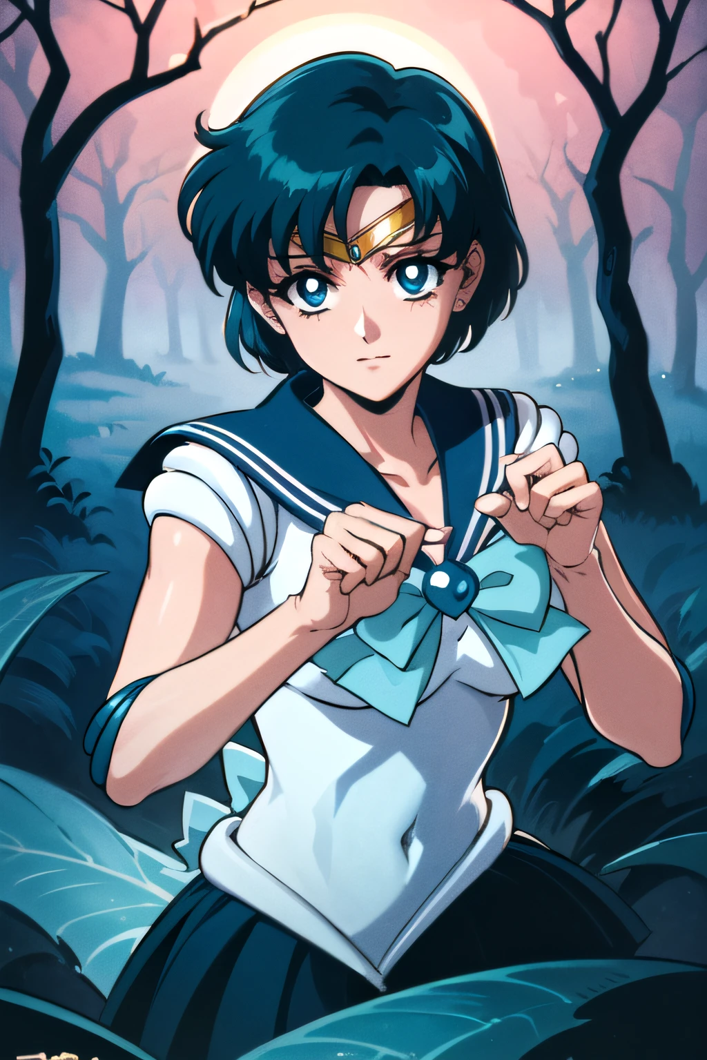 (top-quality:1.3), (​masterpiece:1.4),(Anatomically correct), (Full limbs),(complete fingers),(Precise fingertips), (Fine details),(8K),Sailor Moon!!!!!!!!, Sailor Moon Style,by Sailor Moon, Sailor Senshi Uniform,(Sailor Mercury:1.25),aqua eyes, Dark green hair, Middle hair, Photorealista:1.37,((Magical Dark Forest :1.2))at the sunset, with ((Strong dark shadows recommended for the scene:1.2)), Golden flowers ,((glowing butterflies )), Beautiful magic style, Golden Water Reflection,Fierce, Concept art, Digital Painting."