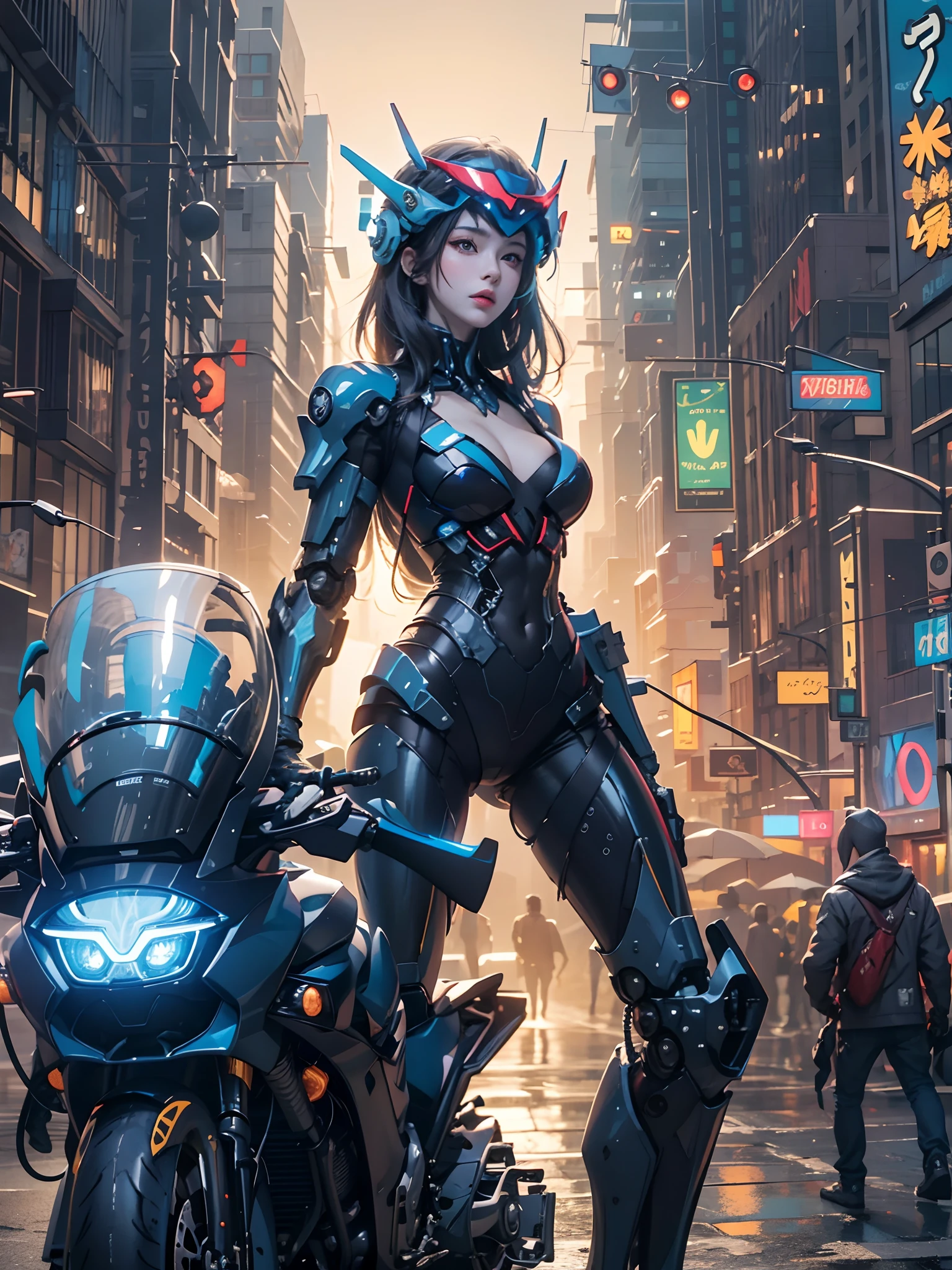 Highest image quality, Outstanding details, Ultra-high resolution, (Realism: 1.4), The best illustration, favor details, highly condensed 1girl, with a delicate and beautiful face, Dressed in black and blue mechs, wearing a mech helmet, holding a directional controller, Riding on a motorcycle, the background is a high-tech lighting scene of the city of the future.