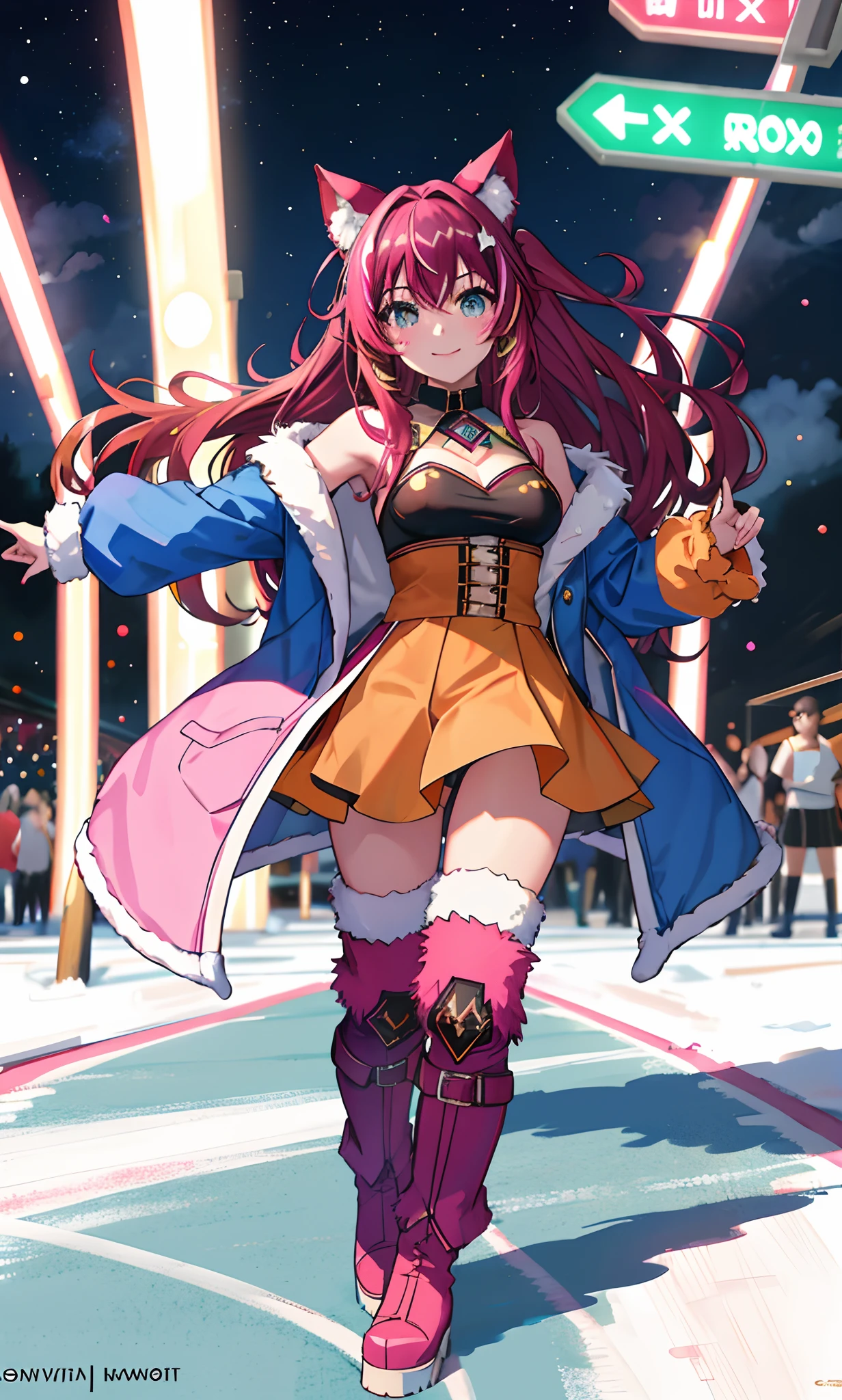 rvst, a woman wearing fur boots, anime girl, 8k, ecstatic expression, festival, beautiful, colorful, night, lasers