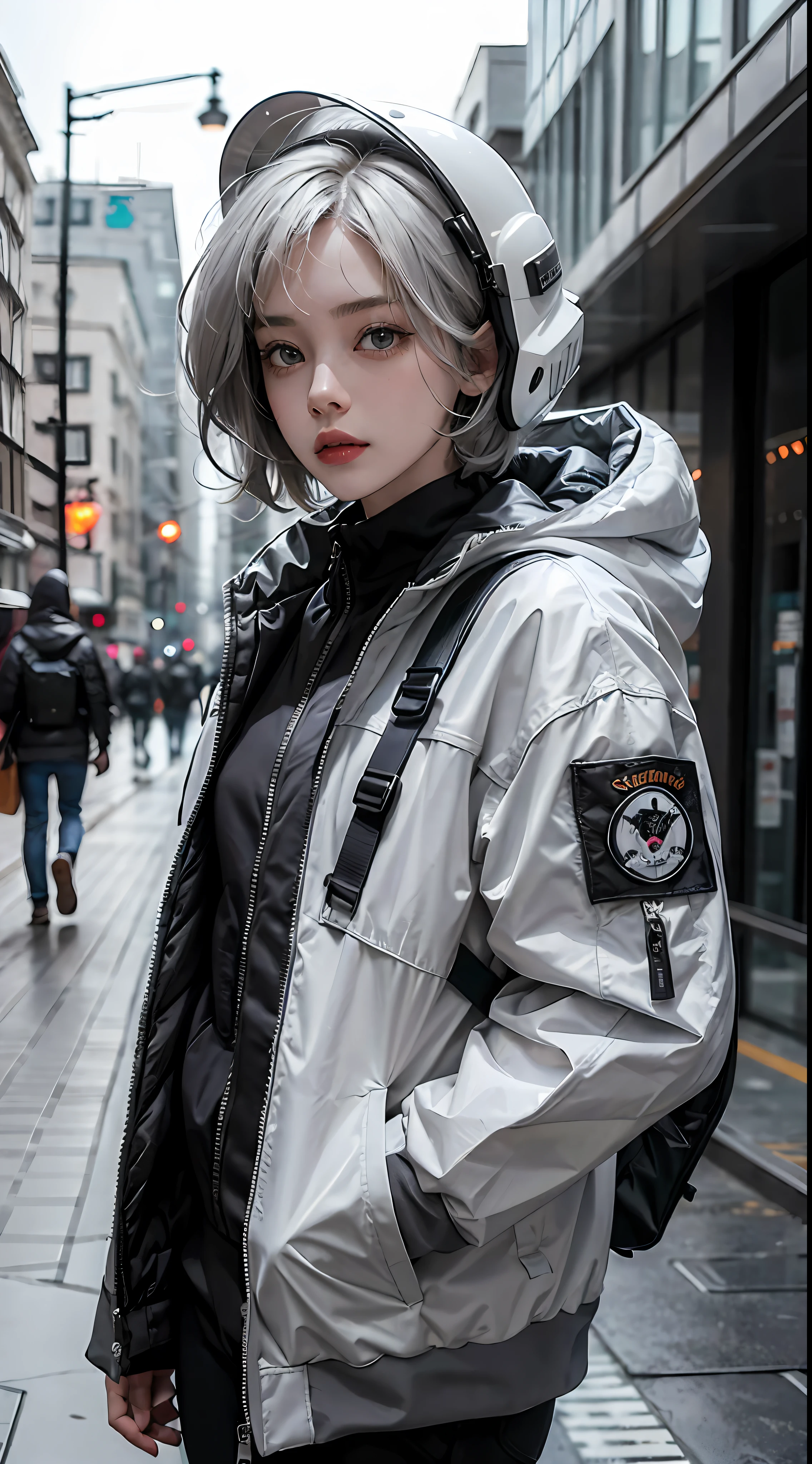 1girl, helmet, hood, solo, spacesuit, short_hair, bangs, jacket, upper_body, white_hair, bag, blurry, coat, grey_eyes, mask, blurry_background, backpack, zipper, urban techwear,