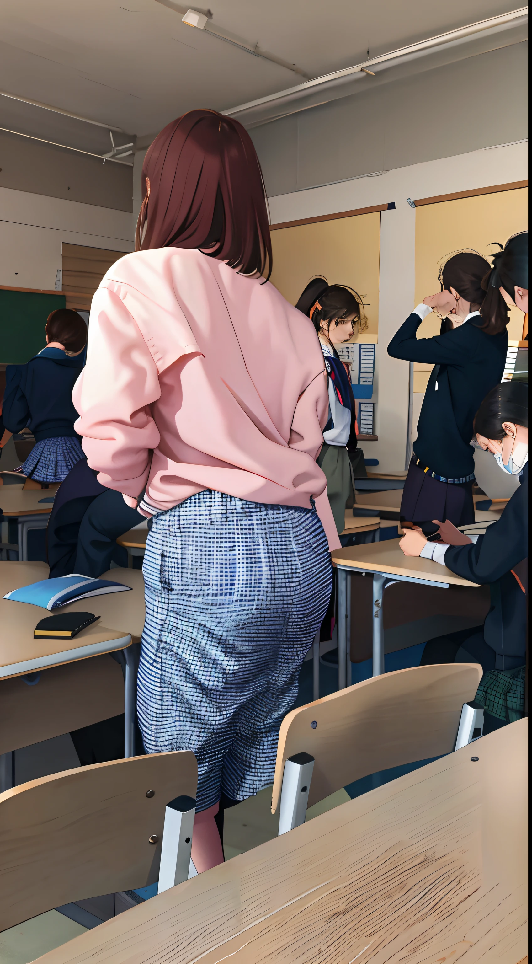 Students in classroom with desks and chairs and teacher, standing in class, in class, in the school classroom, sitting in the classroom, tilt, school classroom, Wearing trousers, wearing skirt, tall female emo art student, As a strict schoolteacher ), Knees tightened, Standing with your back to us, wearing skirt, wear only trousers