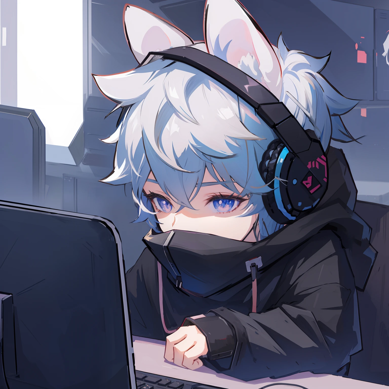 Anime character sitting in front of computer wearing headphones, style of anime4 K, High Quality Anime Art Style, anime moe art style, Anime style. 8K, Digital art on Pixiv, Digital anime illustration, From Arknights, modern anime style, clean artstyle, Pixiv style, Best anime 4k konachan wallpaper, Anime boy, maplestory mouse