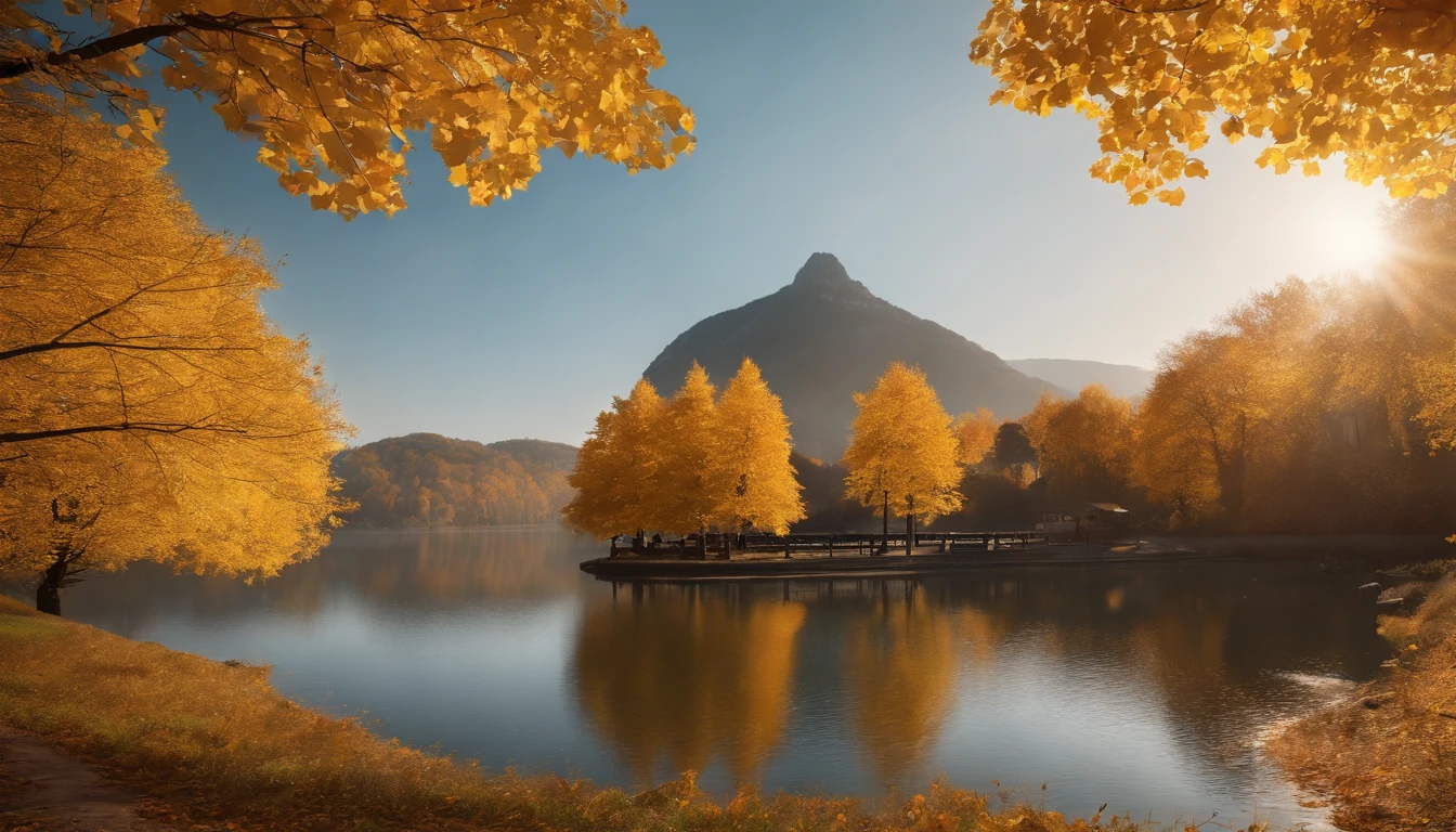 high-level image quality,(8K, hentail realism, RAW photogr, top-quality: 1.4), Ultra-wide angle of view,Beautiful view of autumn,Golden autumn,Ginkgo tree,Daytime,Sheer sunlight,Colored leaves,high qulity,super-fine,Hyper-realistic,Ultra photo realsisim,35mm camera lens,ultra - detailed