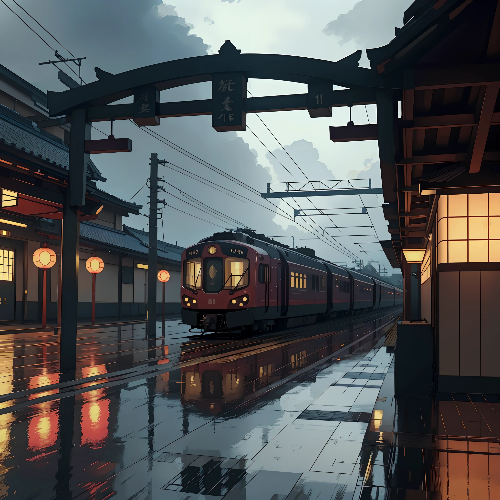 japanese train station, (no one: 1), japan, modern japanese architecture, best quality, japanese signs, anime, anime style, lofi, no one in sight, dramatic weather, night time, illuminated by lights, japanese train, modern train, anime background, anime wallpaper, anime scene, anime scenery, anime style, anime vibe, anime, japan, high details, best quality, masterpiece, tiny details, high detail, many details, sparkle, super detail, japanese signs, japanese banners, banners, plant pots, plants, cherry blossom trees, leaves falling on tracks, trash cans, (realistic,photorealistic:1.37), urban, compact, billboards, street lights, street lamps, (best quality,4k,8k,highres,masterpiece:1.2),ultra-detailed, lofi, lofi vibe, lofi stlye, dramatic weather, raining, heavy rain, puddles, rain drops, modern japanese architecture, no one in sight, (no one: 1), Conceptual art, anime, anime style, sparkle, glowing light, reflection light, cinematic lighting, UHD, masterpiece, super detail, high details, high quality, best quality, highres, train travelling along tracks, camera from the side of the train tracks on the platform,