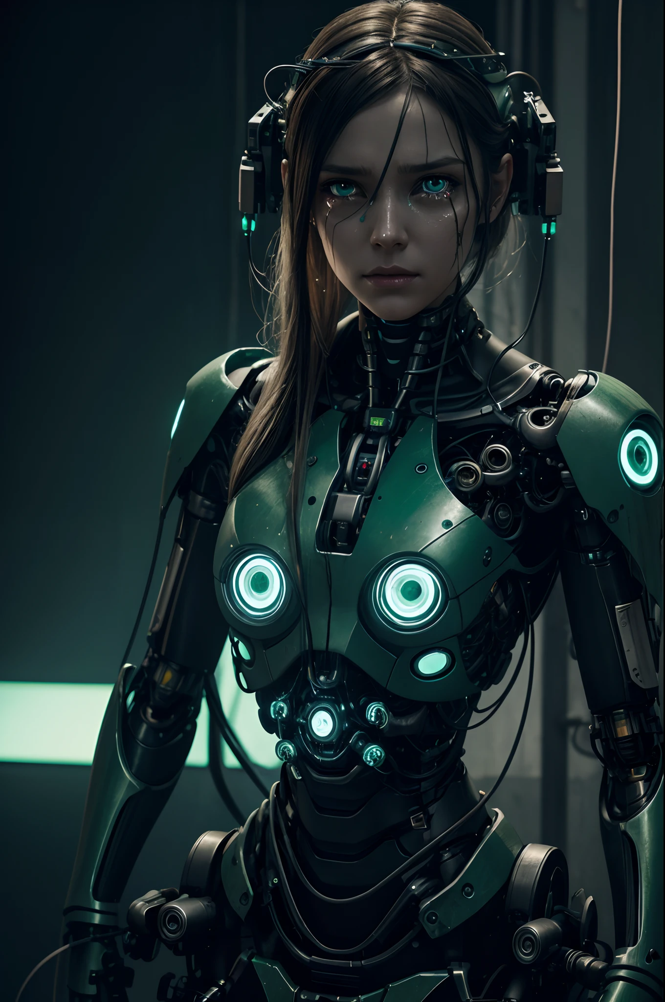 broken cyborg woman, gloweyes, tears from eyes, mechanical body and head, wires on the head, higly detailed, Realistic full-length photography, black & Green, 4k