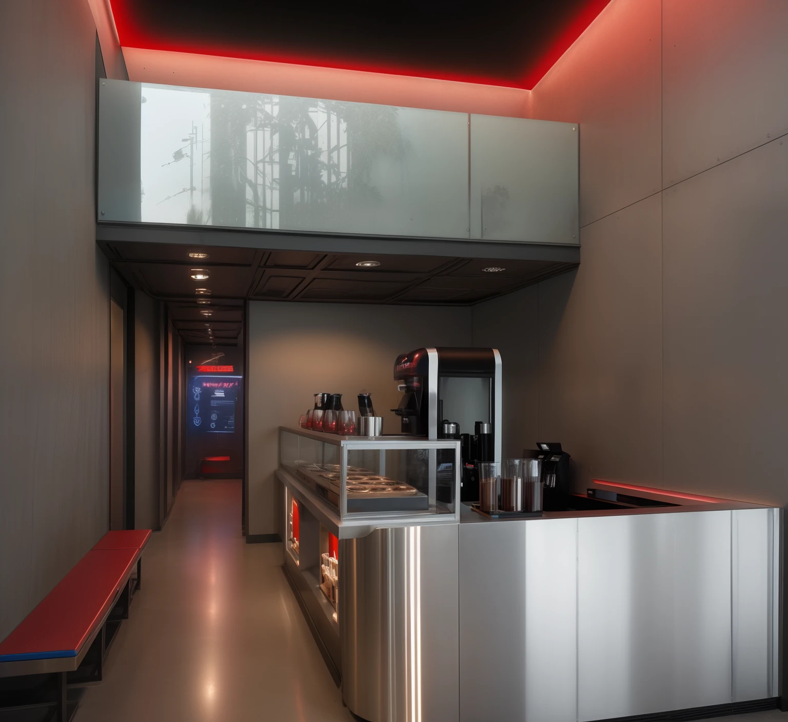 futuristic red and blue ambient light coffee shop, metal shiny walls