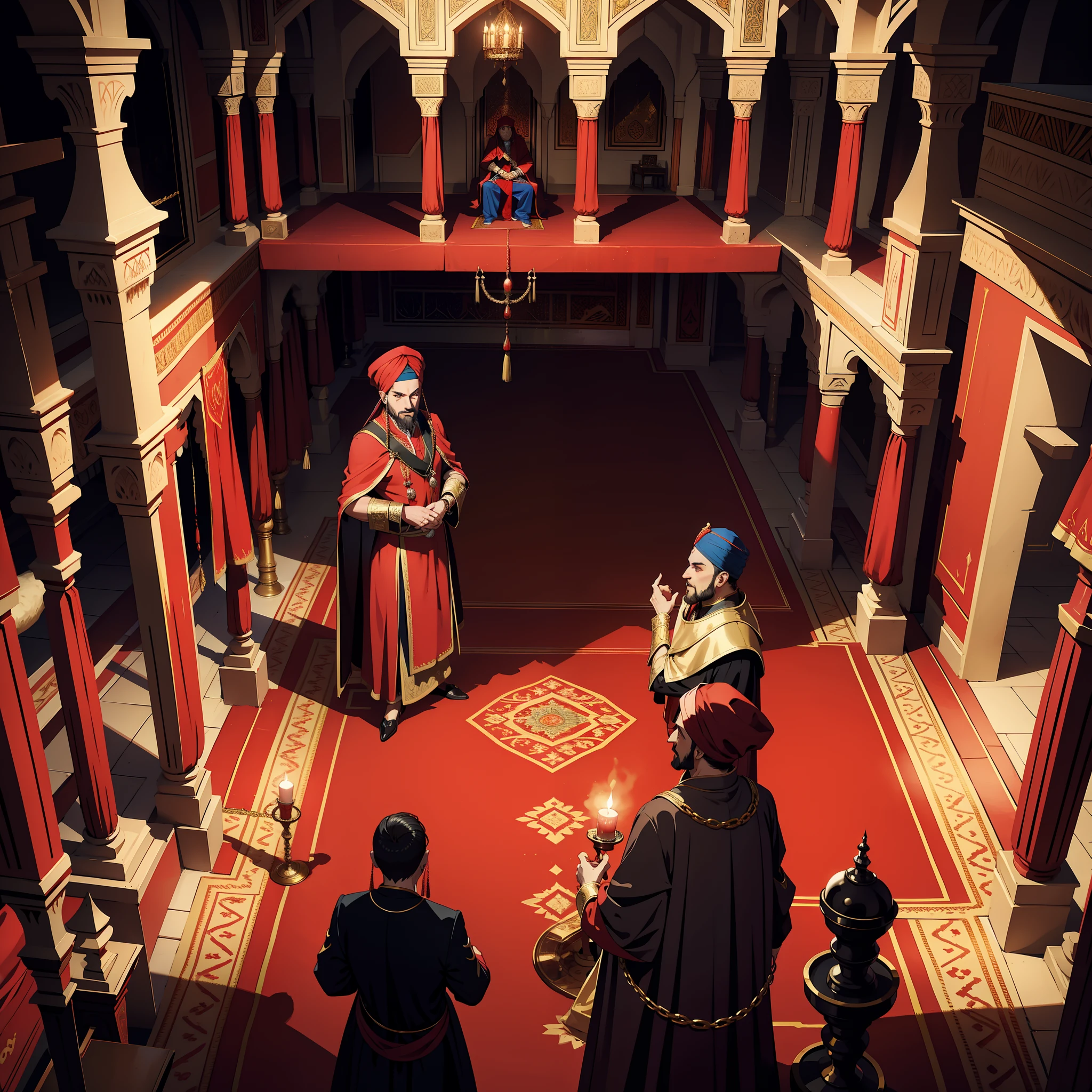 There are two men in red robes standing in a hall - SeaArt AI