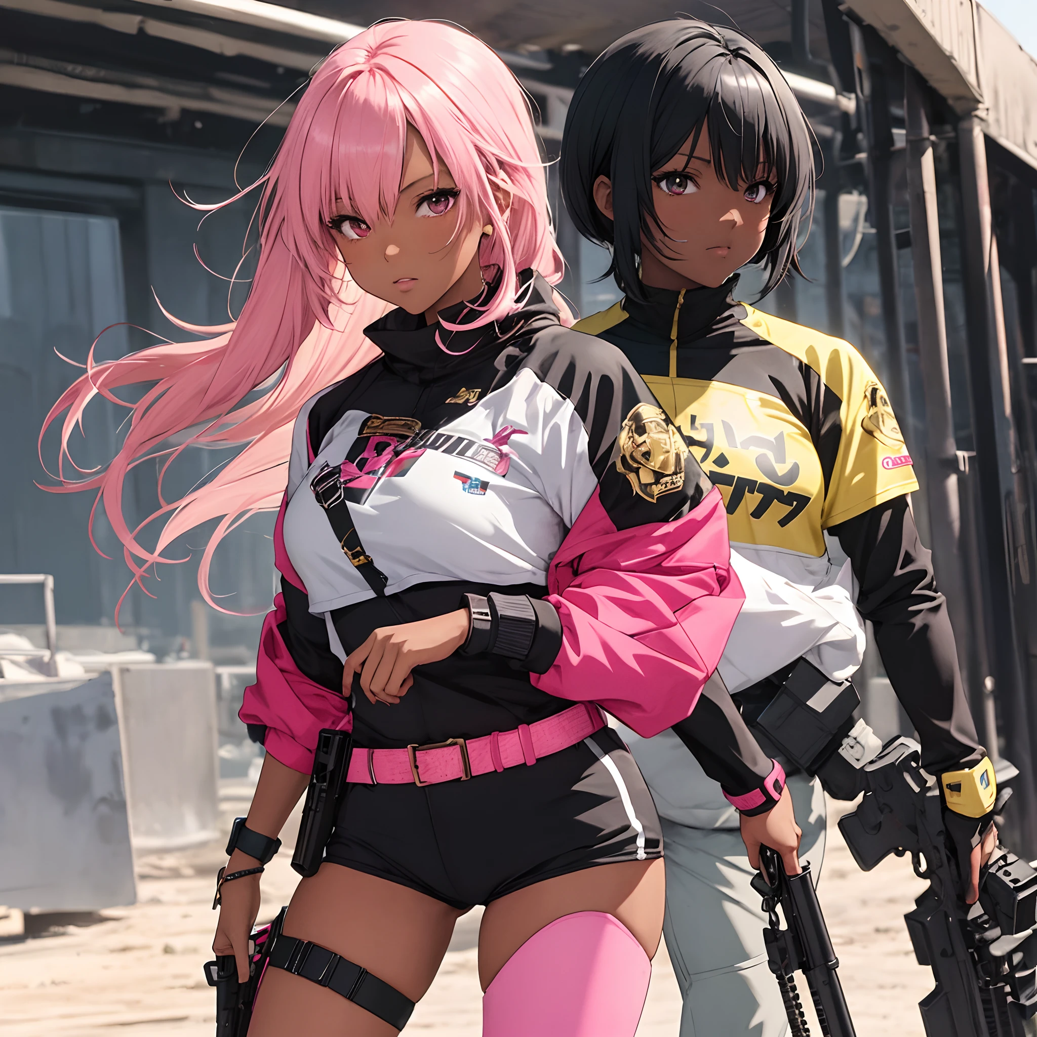 Dark skin, female, anime girl, athletic, gunslinger, bounty hunter, cowgirl, black and pink clothes, gold accents