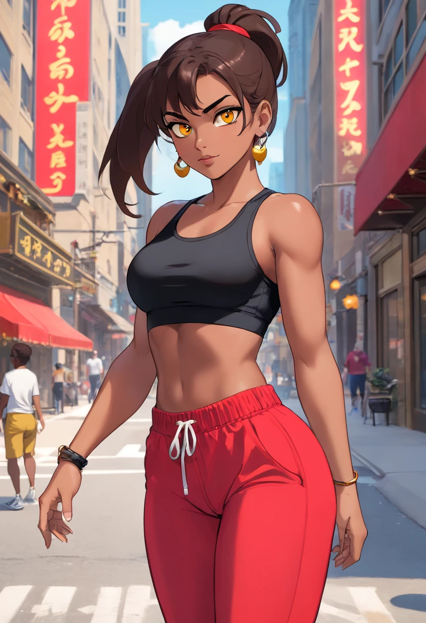 dark-skinned teen arabic girl in a black top and red pants, yellow eyes, pony tail, on a Chicago city street, crop shirt and strong abs, full body length shot, red gold and black outfit, converse, fitness model, gorgeous female, athletic fashion photography, full body close-up shot, portrait of modern darna, fit curvy physique, red and gold, by Natasha Tan, profile image, gold and red, araffe woman in a black top and red pants on a Chicago city street, a portrait by Natasha Tan, trending on cg society, arabesque, crop shirt and strong abs, full body length shot, red gold and black outfit, fitness model, gorgeous female, full body close-up shot, athletic fashion photography, portrait of modern darna, fit curvy physique, female genie, female djinni, masterpiece