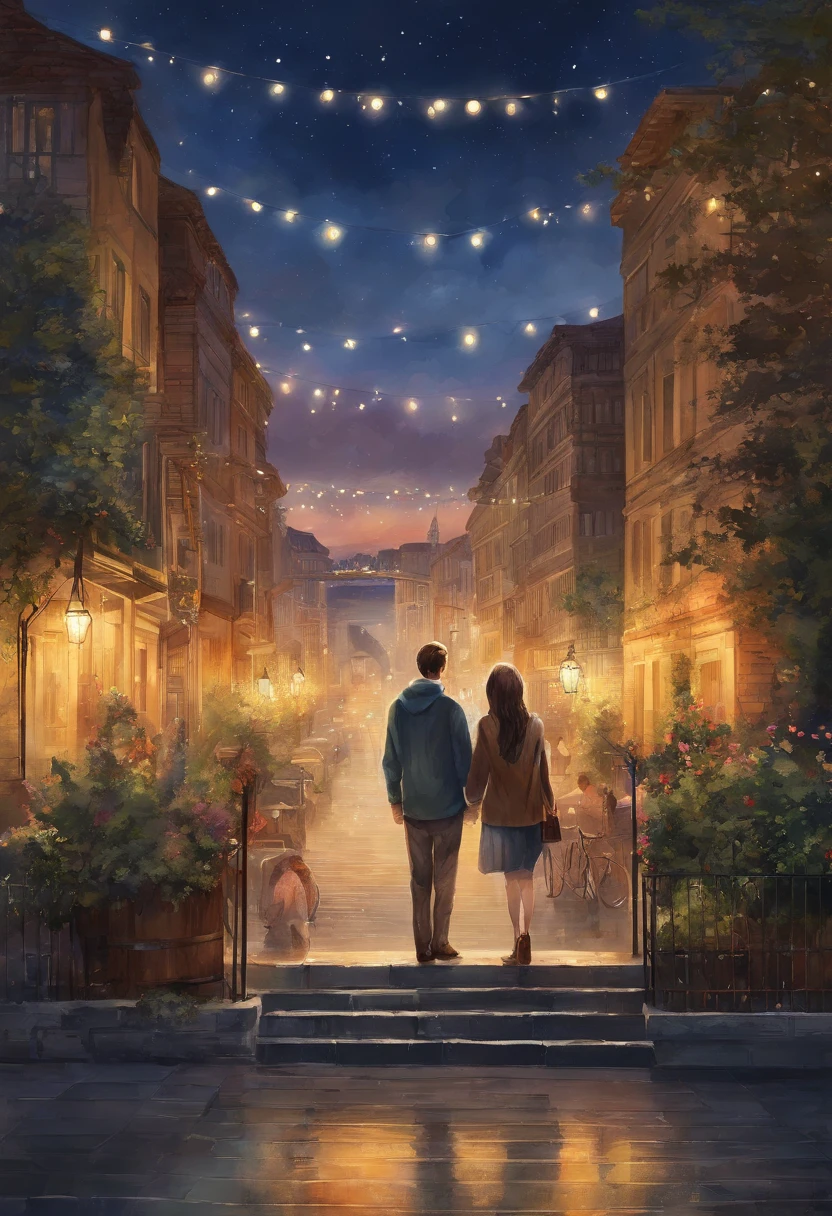 (HD, 4K, high resolution, high detail), couple, (1man, 1woman), casual cloth, sweater, cute couple, fireworks, city night, looking each other, outdoor, top of mountains, detailed face, romance, novel cover, webtoon, anime style, watercolor, by makoto sinkai