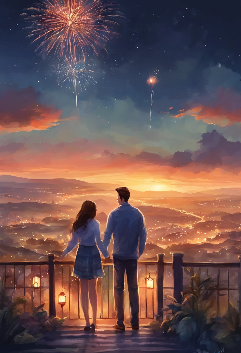 (HD, 4K, high resolution, high detail), couple, (1man, 1woman), casual cloth, sweater, cute couple, fireworks, city night, looking each other, outdoor, top of mountains, detailed face, romance, novel cover, webtoon, anime style, watercolor, by makoto sinkai