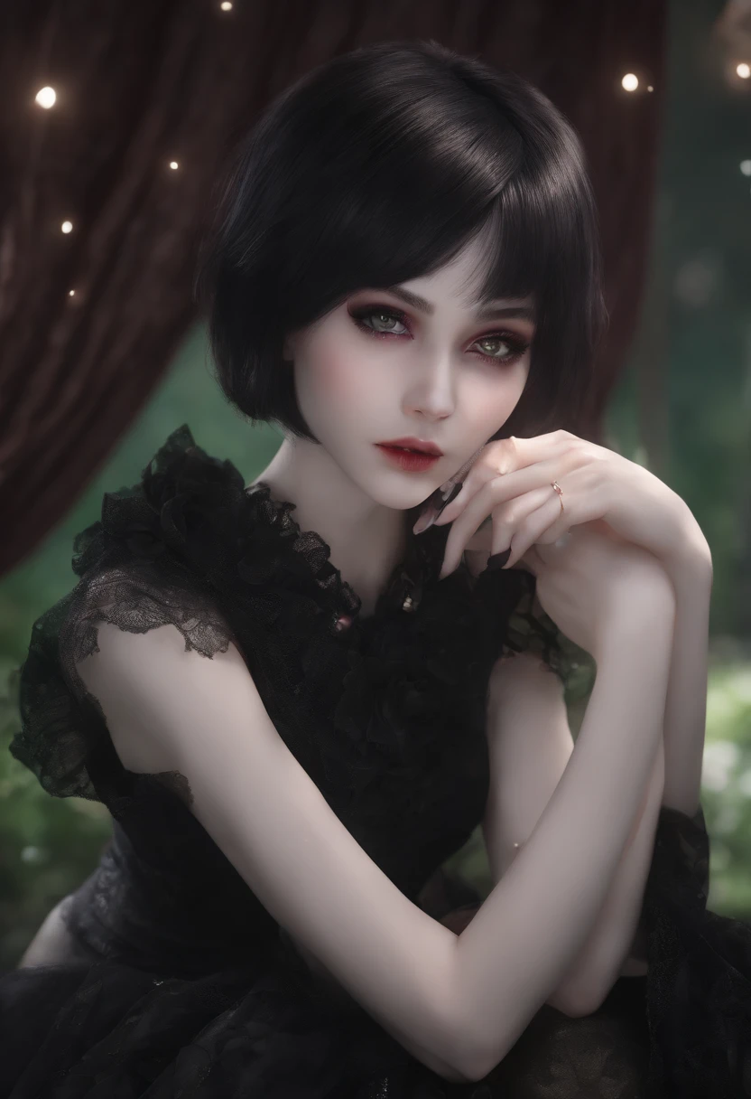 (extremely detailed CG:1.2), (masterpiece:1.2), (best quality:1.2),,((absurdres)),looking at viewer,full body, solo,1girl,vampire girl,goth ,emo,tomboy,pale skin,fair skin,short hair,black hair,20 year old,freckles,black lipstick,eyeshadow,heterochromia,purple eyes,green eyes,feet,barefoot