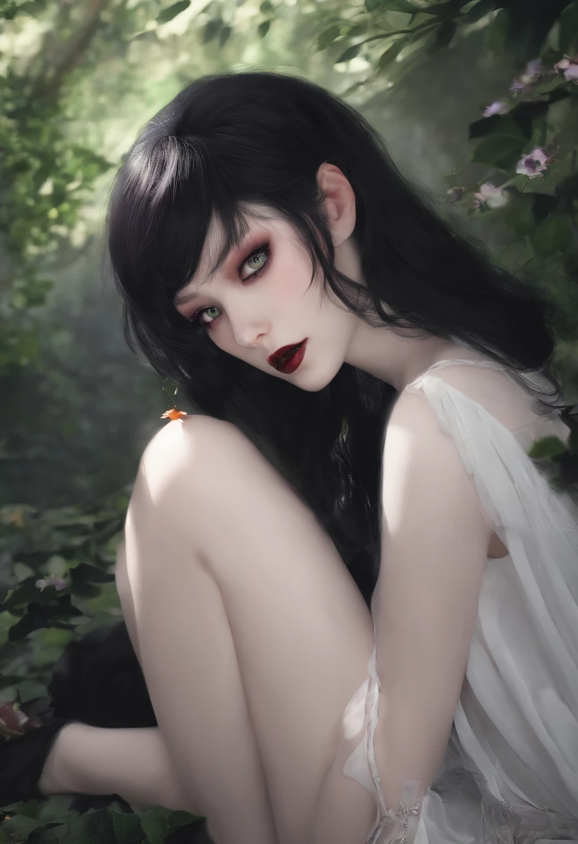 (extremely detailed CG:1.2), (masterpiece:1.2), (best quality:1.2),,((absurdres)),looking at viewer,full body, solo,1girl,vampire girl,goth ,emo,tomboy,pale skin,fair skin,short hair,black hair,20 year old,freckles,black lipstick,eyeshadow,heterochromia,purple eyes,green eyes,feet,barefoot
