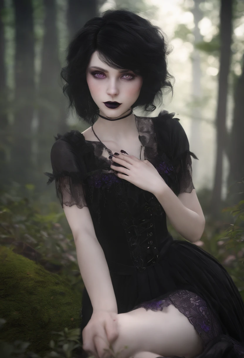 (extremely detailed CG:1.2), (masterpiece:1.2), (best quality:1.2),,((absurdres)),looking at viewer,full body, solo,1girl,vampire girl,goth ,emo,tomboy,pale skin,fair skin,short hair,black hair,20 year old,freckles,black lipstick,eyeshadow,heterochromia,purple eyes,green eyes,feet,barefoot